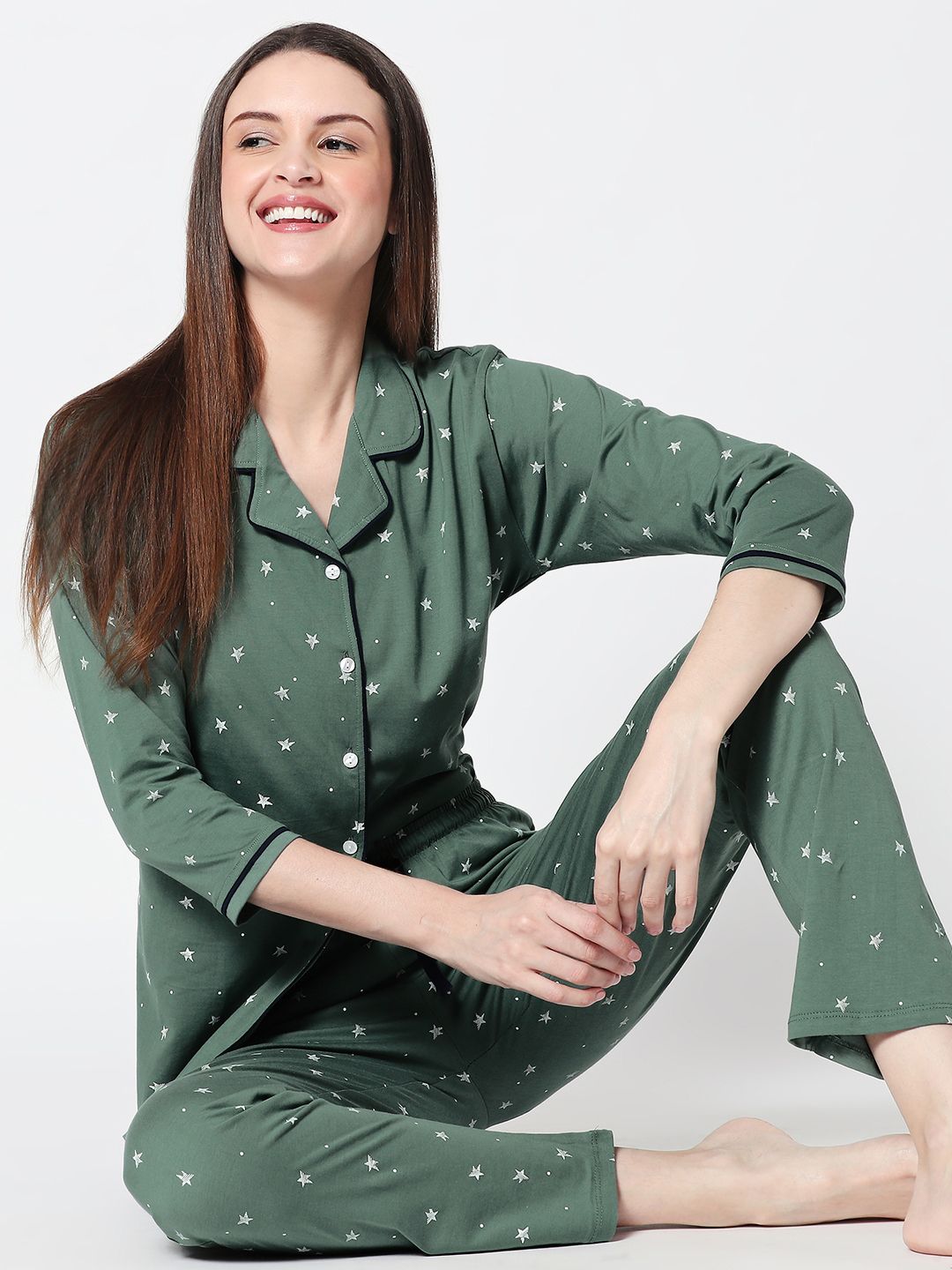 Zeyo Women Green & White Star & Dot Printed Night suit-picture-26