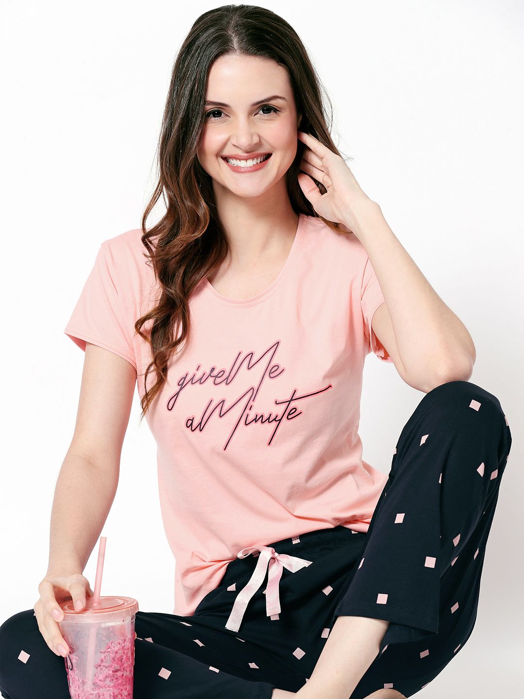 Zeyo Women Peach-Coloured & Navy Blue Printed Night suit-picture-31
