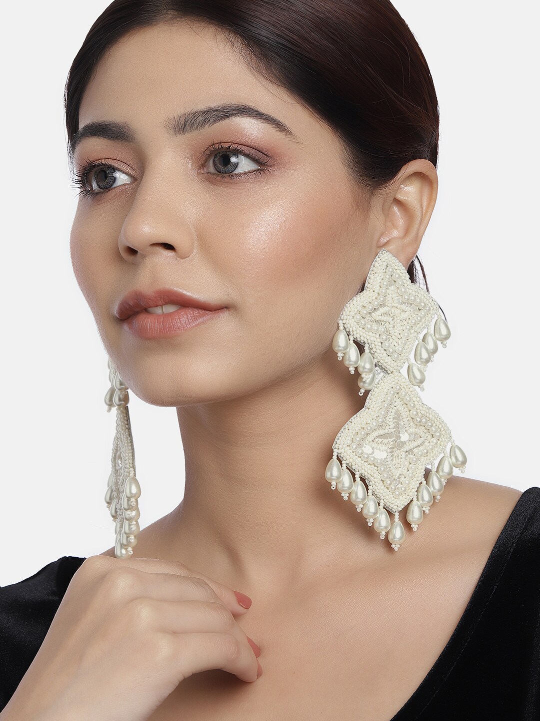 justpeachy Off-White Beads Studded Handcrafted Contemporary Drop Earrings