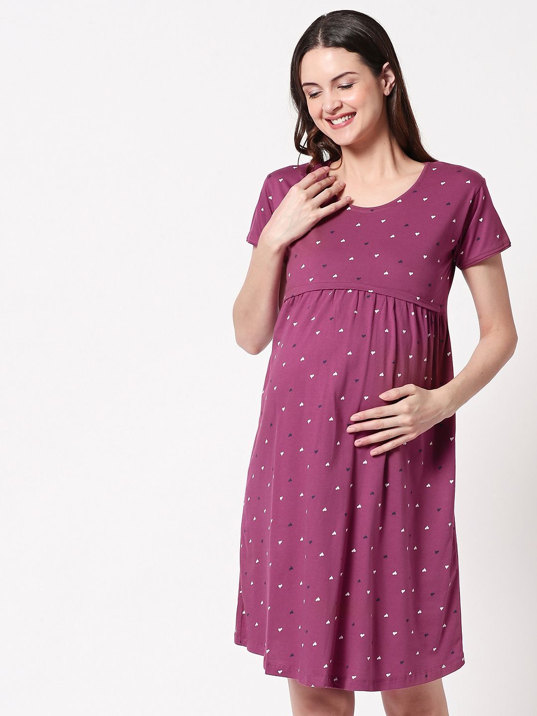 Zeyo Women Burgundy Printed Cotton Maternity Nightdress-image-29