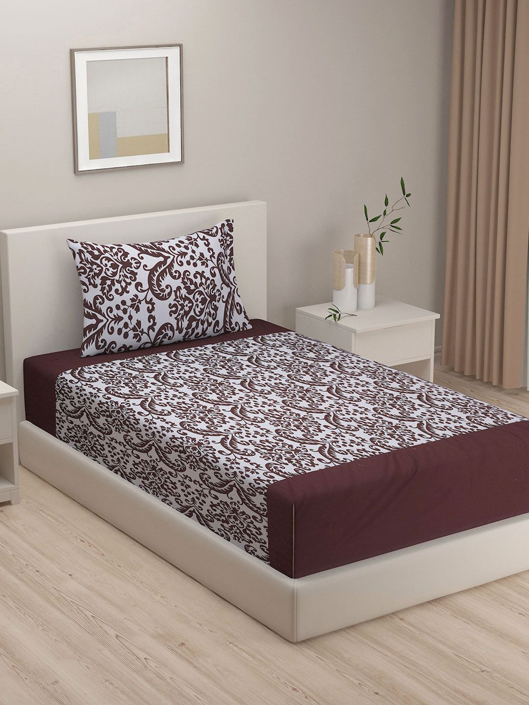 SWAYAM Brown 180 TC Cotton Single Bedsheet with 1 Pillow Cover-picture-38