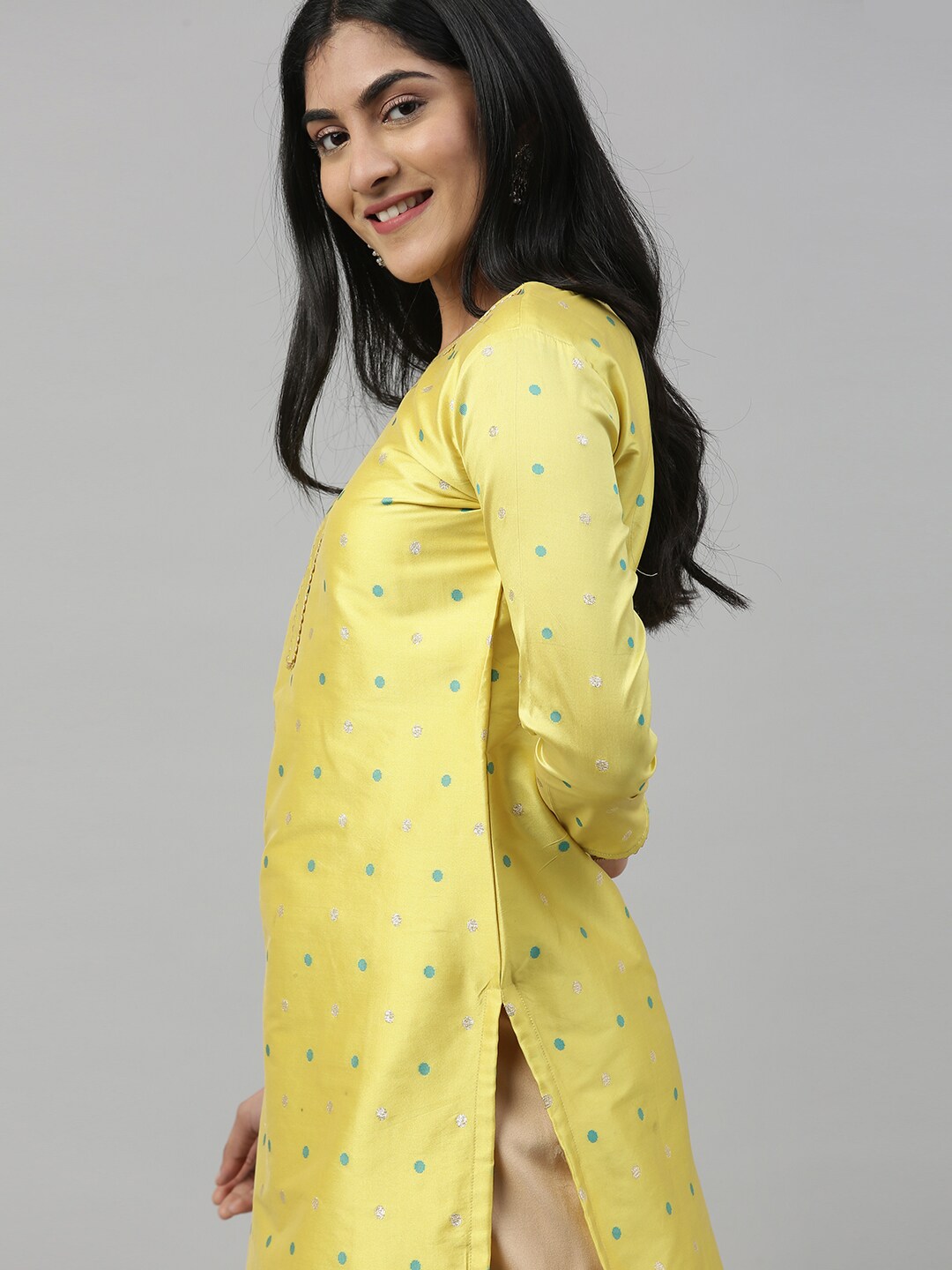 Inddus Women Yellow & Blue Woven Design A-Line Kurta