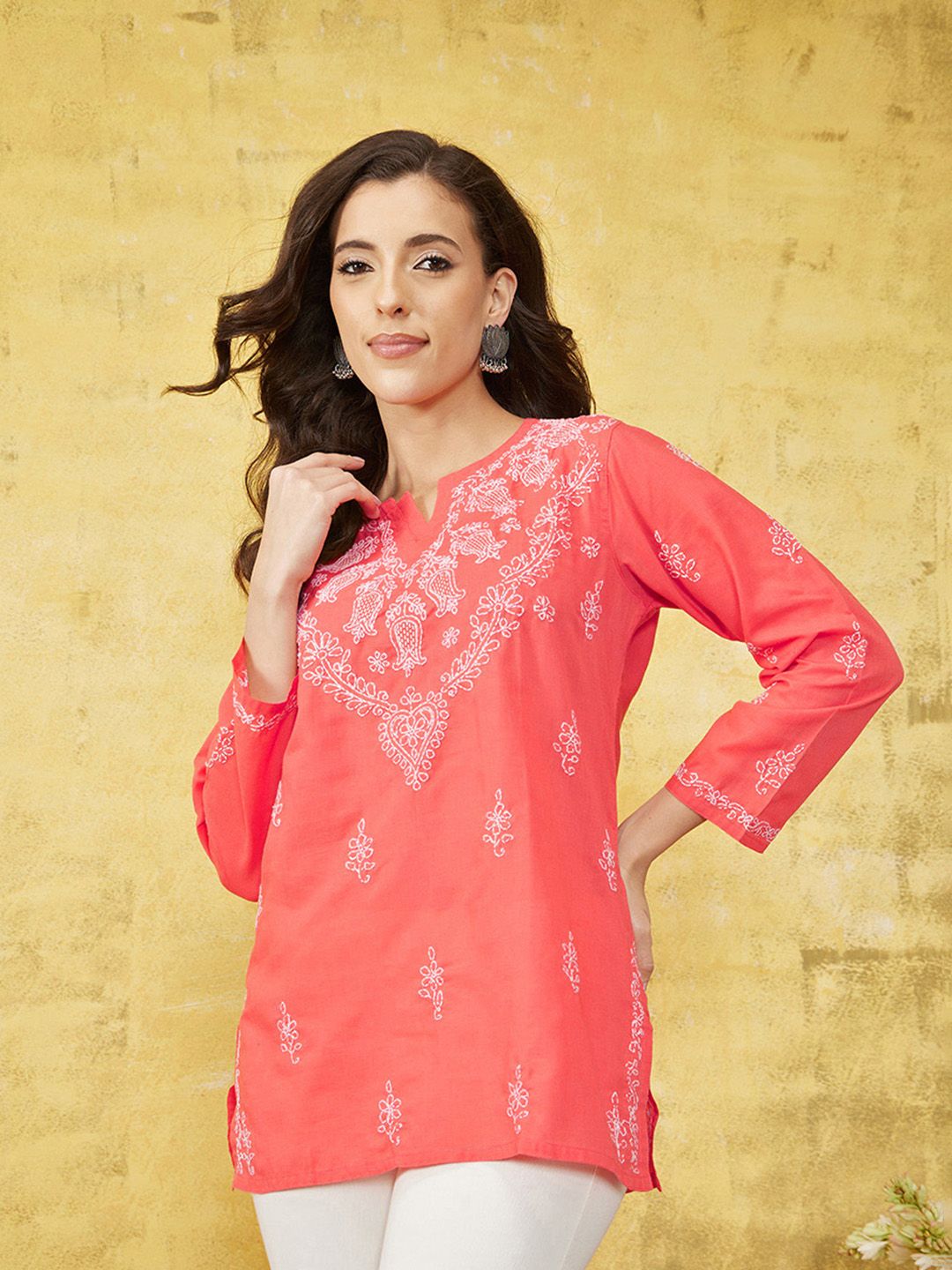 ADA Women Pink & White Pure Pure Cotton Chikankari Embroidered Straight Pure Cotton Kurti-picture-27