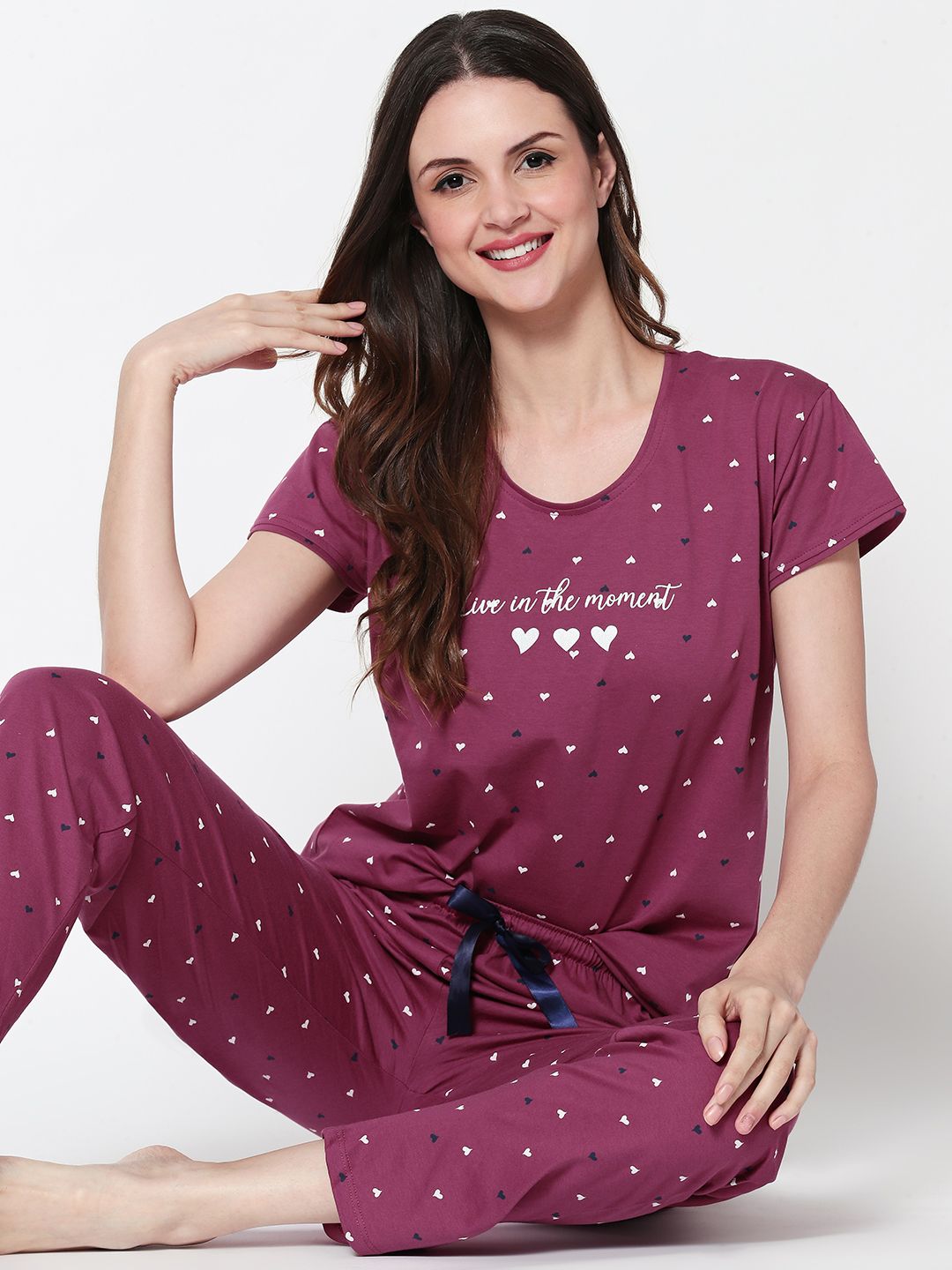 Zeyo Women Burgundy & White Printed Night Suit-image-17