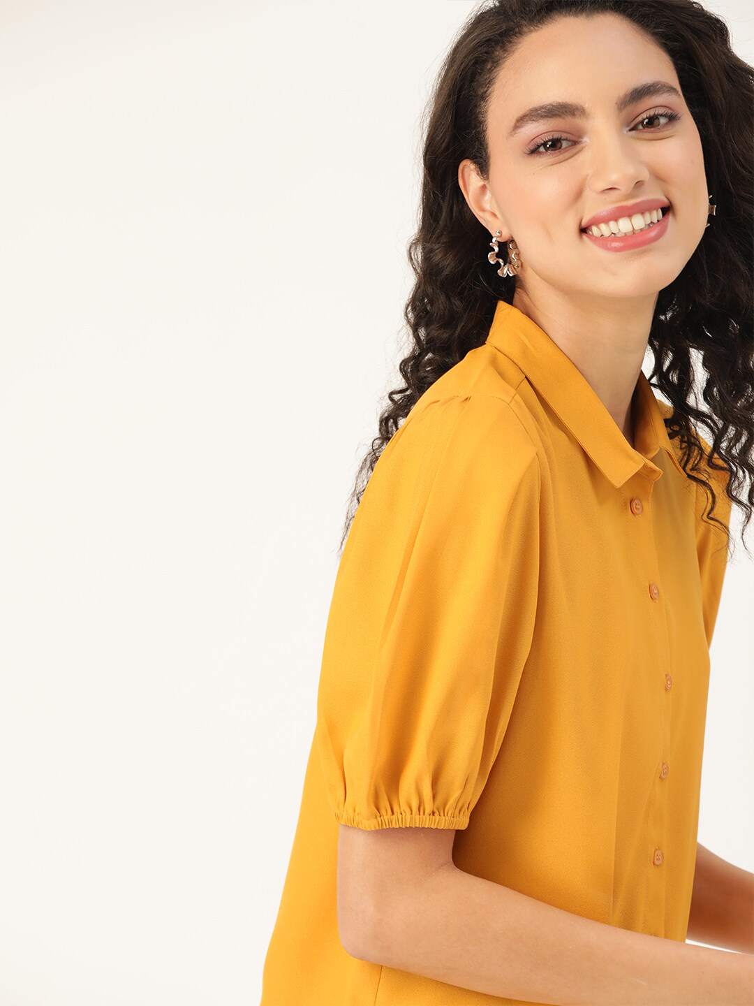 DressBerry Women Mustard Yellow Regular Fit Solid Casual Shirt