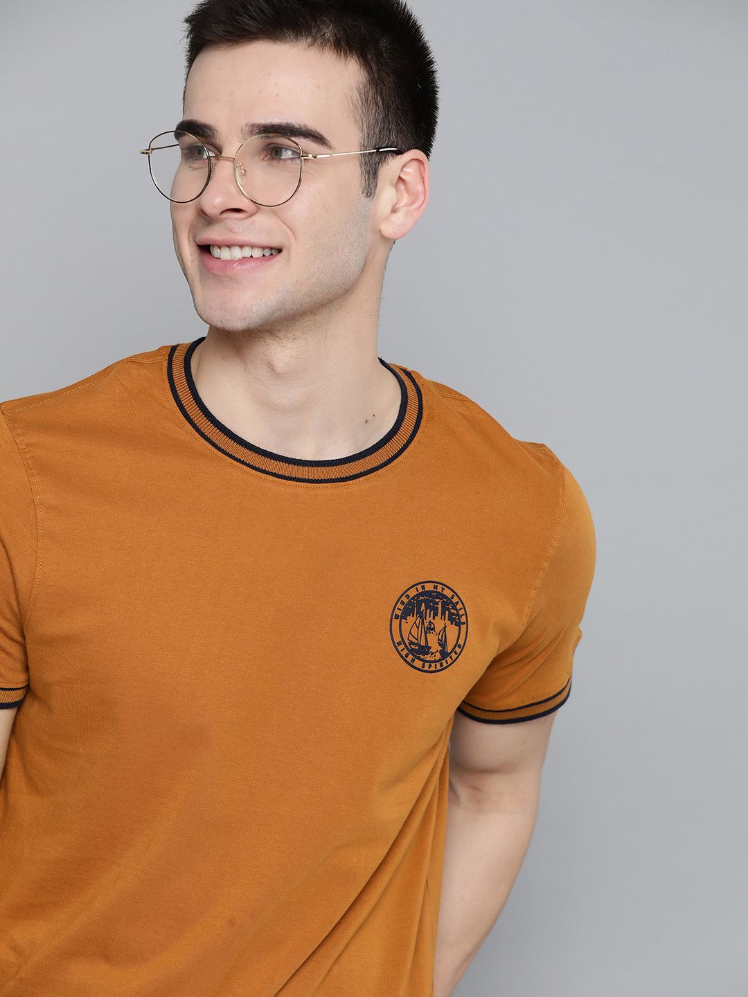 Buy Mast & Harbour Mast & Harbour Men Mustard Brown Pure Cotton Solid Round  Neck T-shirt at Redfynd