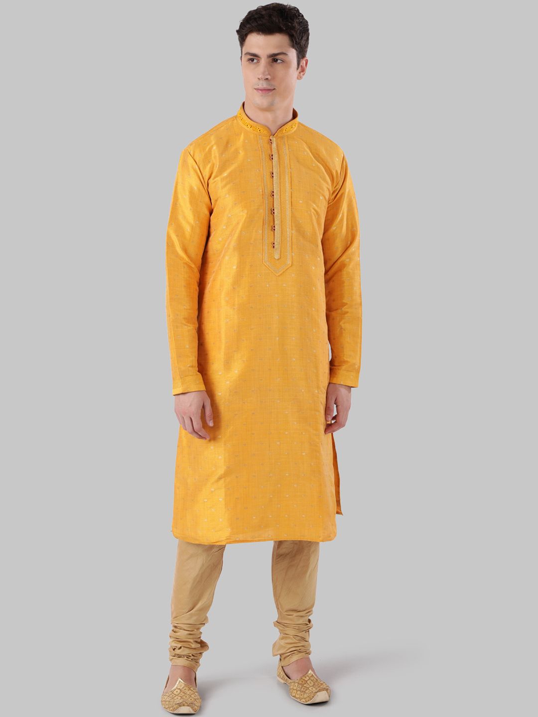 Ethnix by Raymond Men Yellow Woven Design Straight Kurta-picture-22