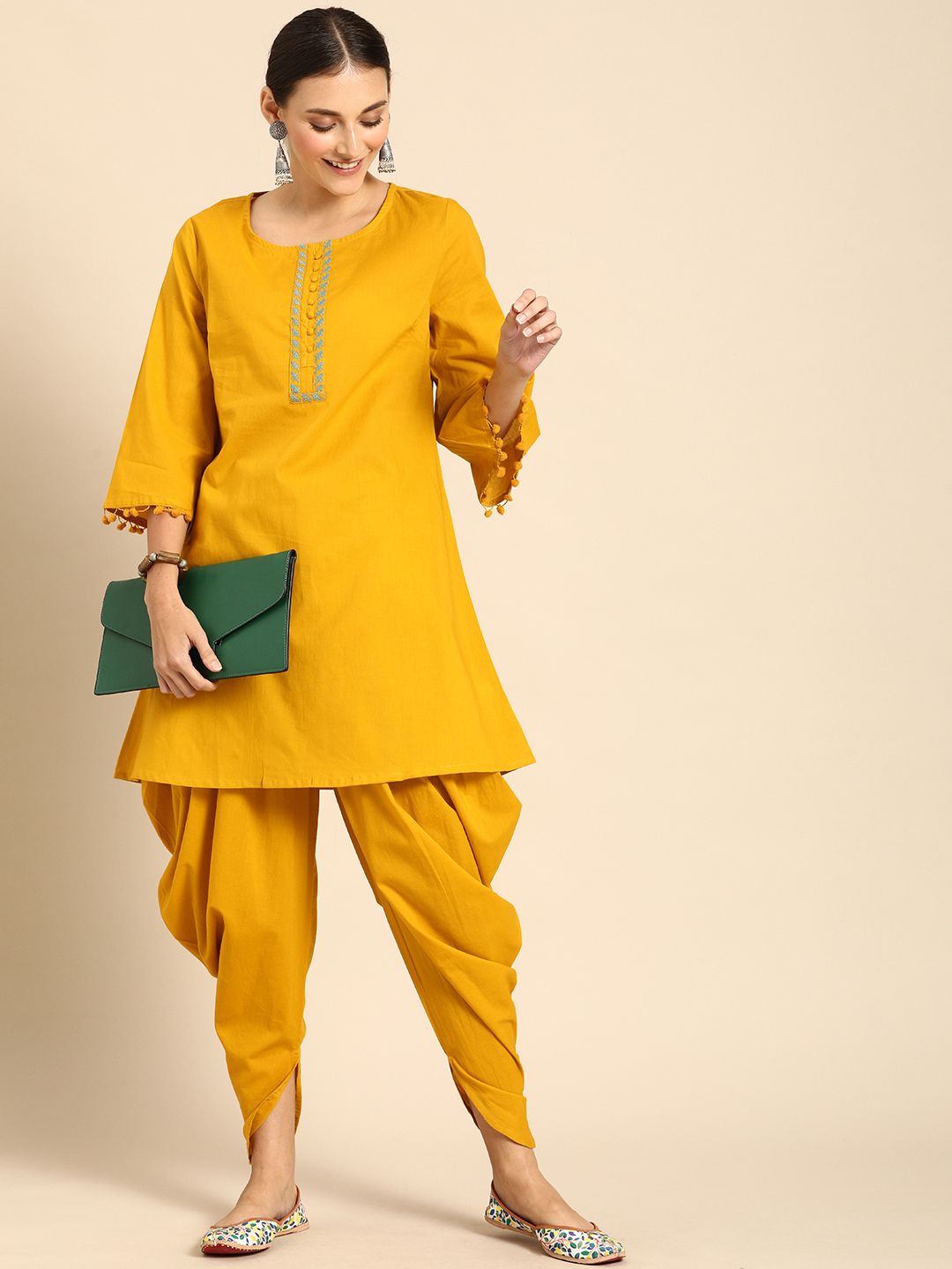 Anouk Women Mustard Yellow Yoke Design Kurta with Dhoti Pants