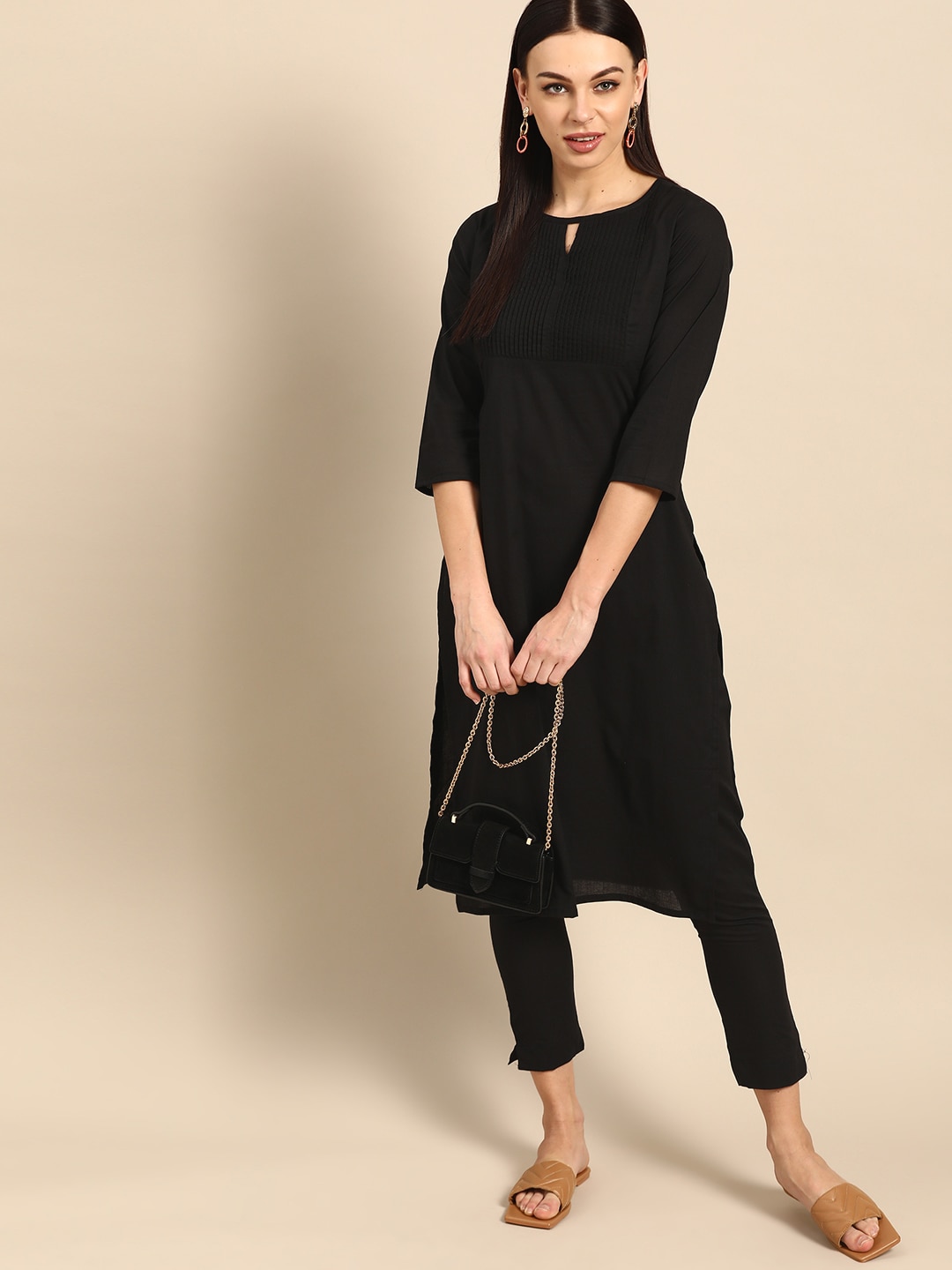 Anouk Women Black Solid Pure Cotton Kurta with Trousers