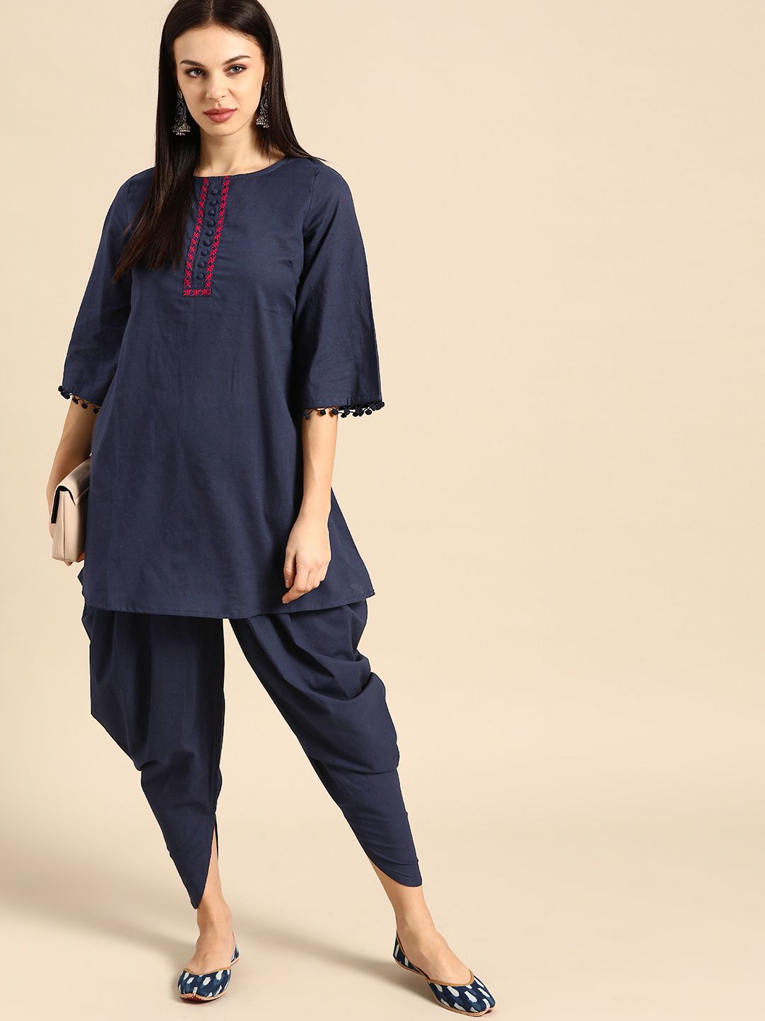 Anouk Women Navy Blue Yoke Design Pure Cotton Kurta with Dhoti Pants