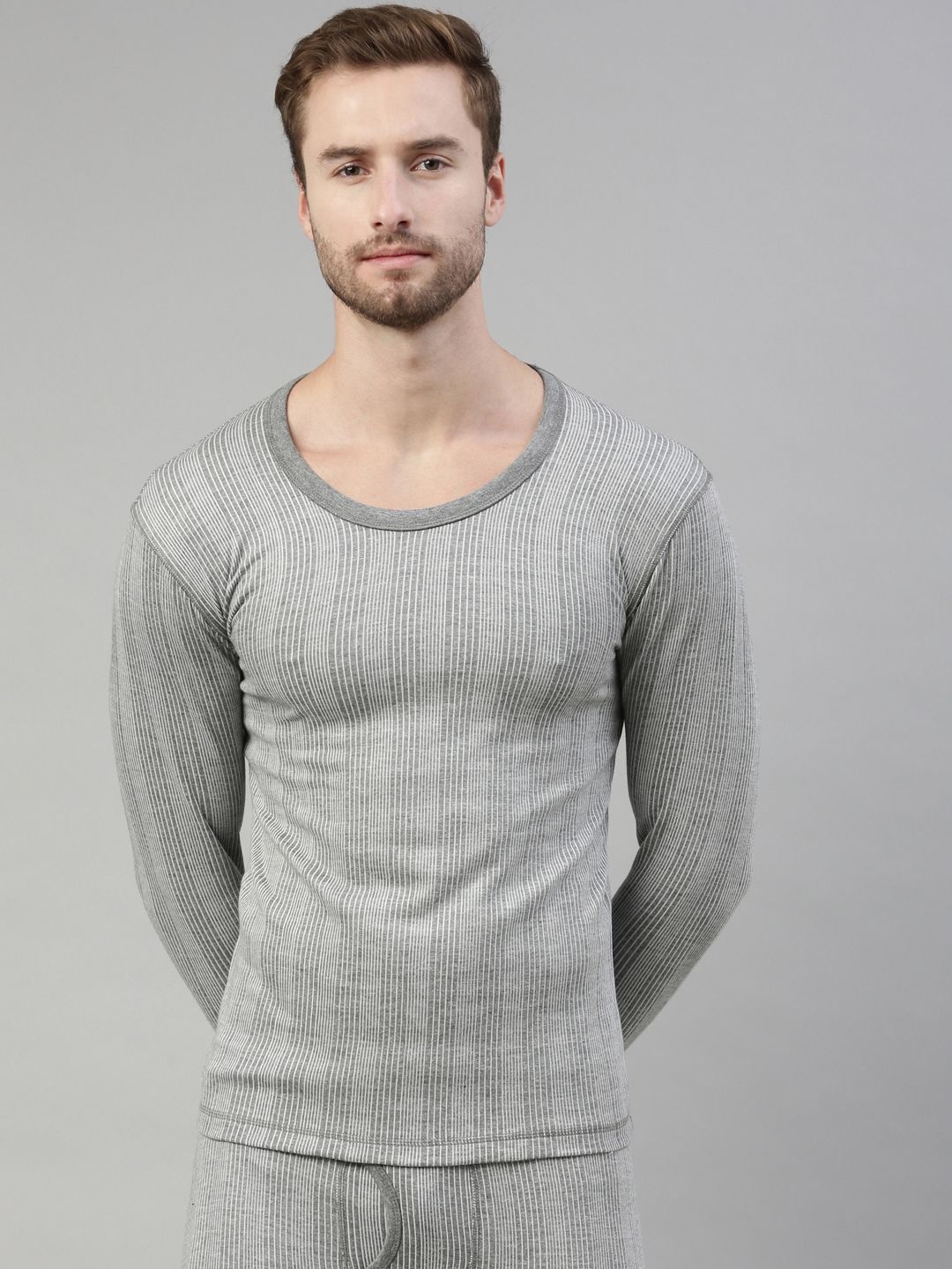 DIXCY SCOTT Men Grey Melange Striped Thermal T-shirt-picture-46