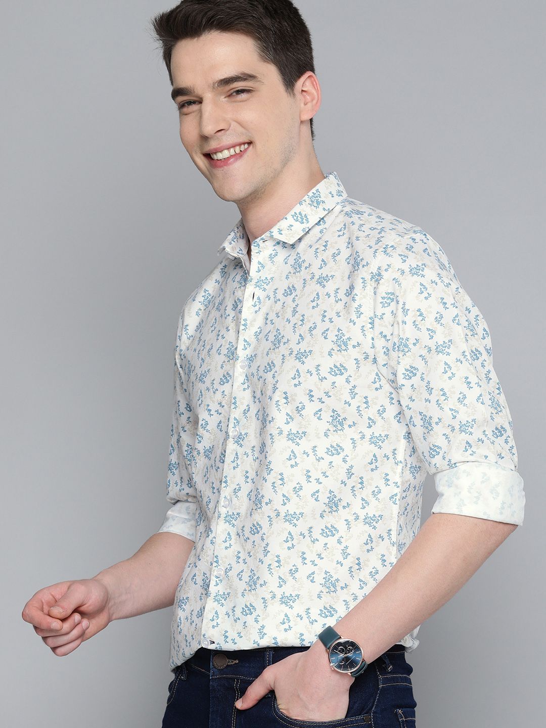 Mast & Harbour Men’s White & Blue Floral Shirt – Regular Fit