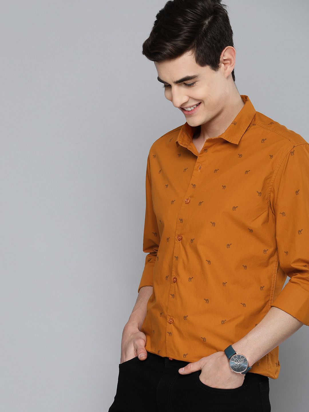Mast & Harbour Men Mustard Yellow & Black Regular Fit Printed Casual Sustainable Shirt-picture-22