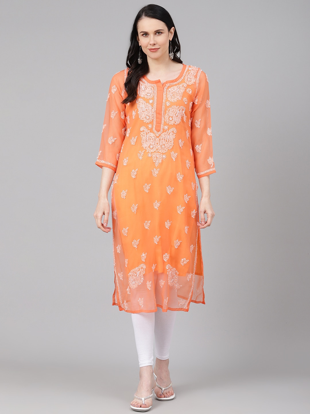 ADA Women Orange & Off-White Sheer Chikankari Embroidered Straight Sustainable Kurta with Inner