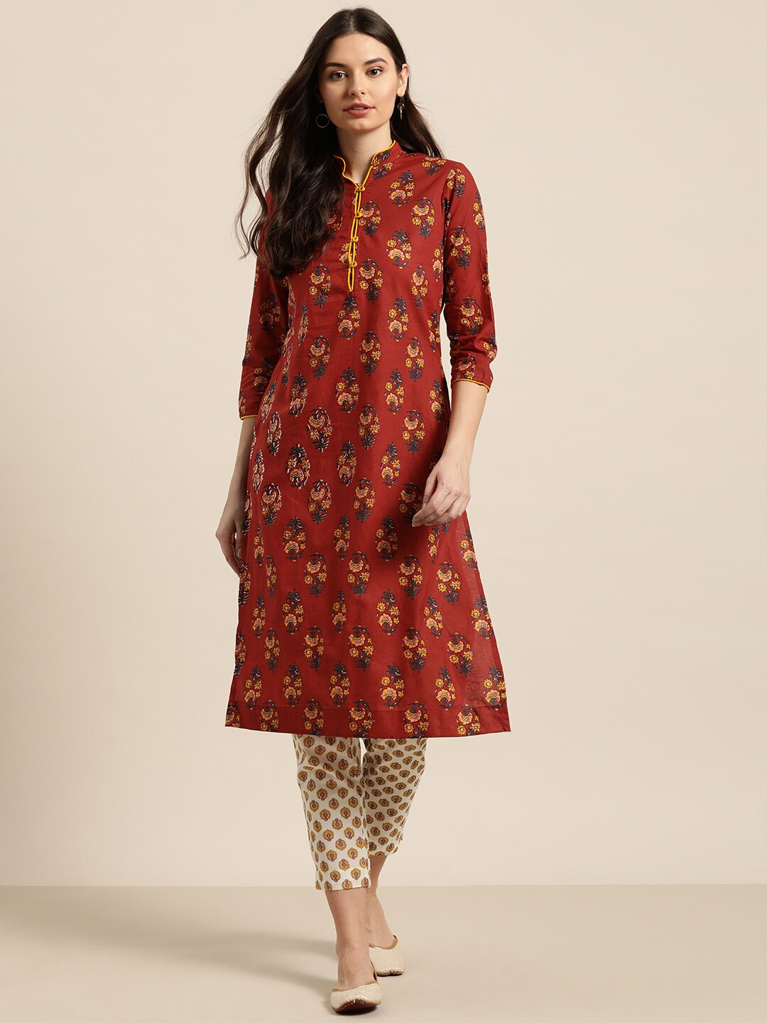 Sangria Women Red & Off-White Pure Cotton Printed Kurta with Trousers