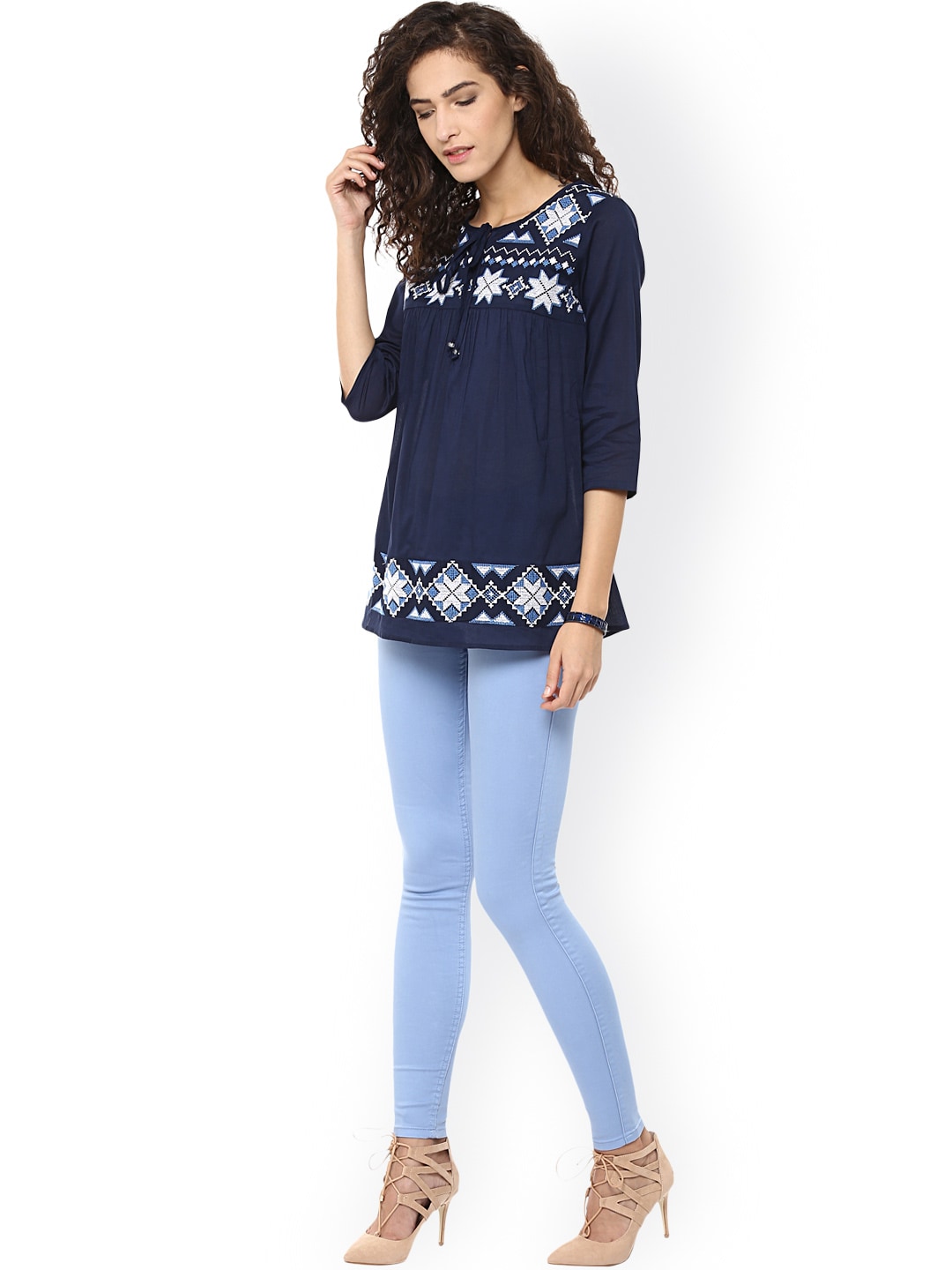 Designer Crep Top For Women Blue Top With White Star, 47% OFF