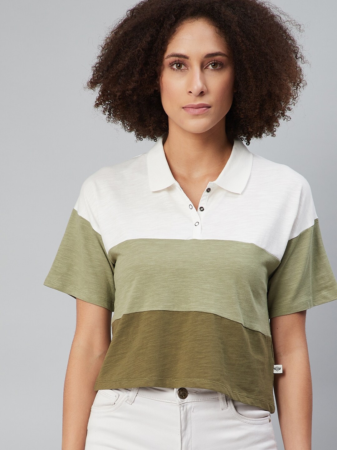 Roadster Women White & Olive Green Colourblocked Polo Collar T-shirt