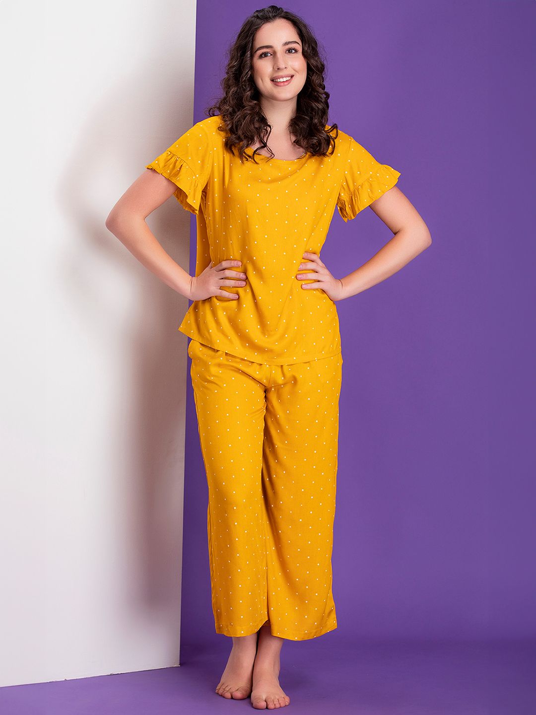 Clovia Women Mustard Yellow & White Polka Dots Printed Night Suit-image-46