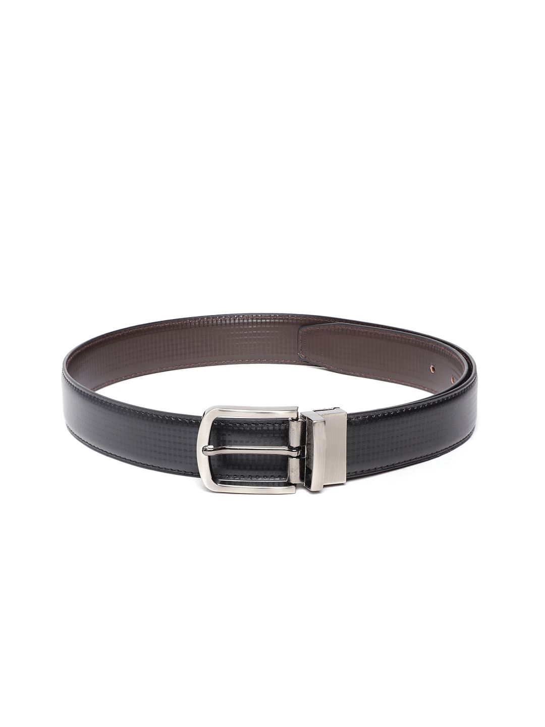 Ultimo Men Black & Coffee Brown Checked Reversible Formal Belt-picture-21