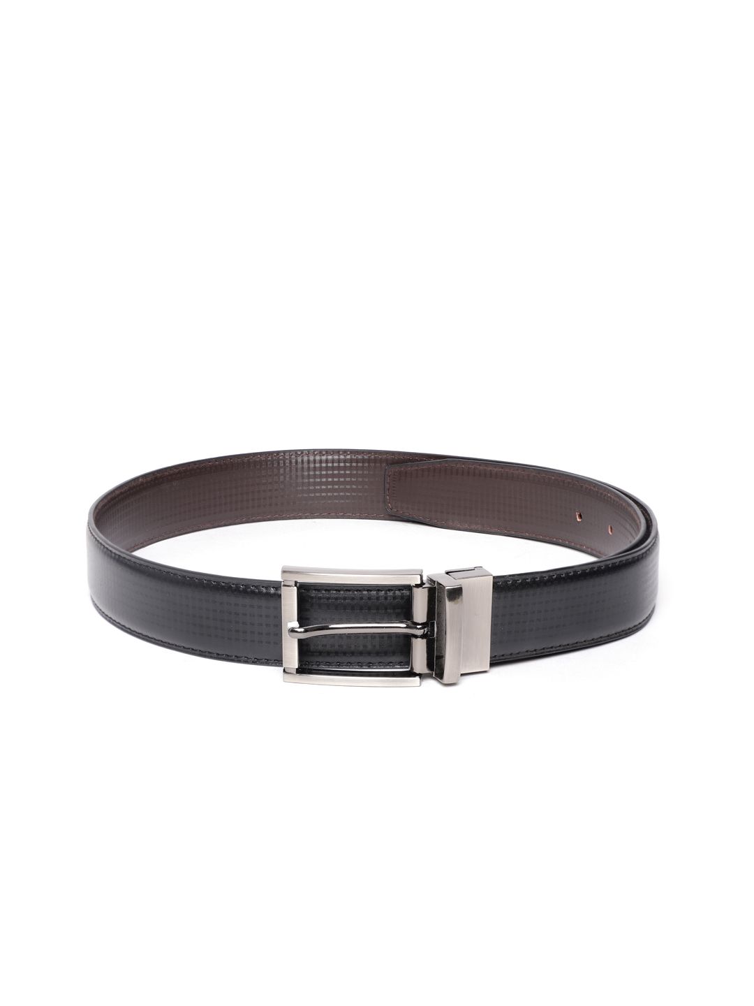 Ultimo Men Black & Coffee Brown Checked Reversible Formal Belt-picture-17