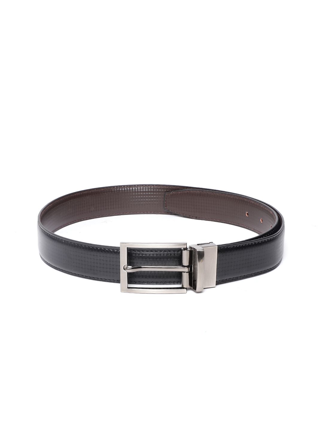 Ultimo Men Black & Coffee Brown Checked Reversible Formal Belt-picture-18