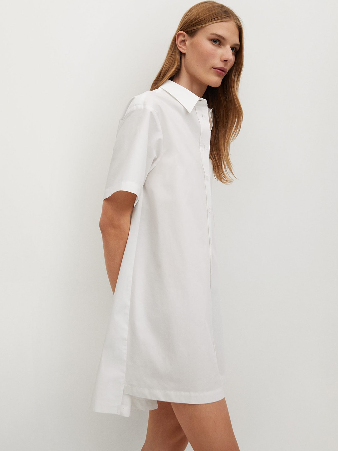 MANGO Women White Solid Pure Cotton High-Low Shirt Dress