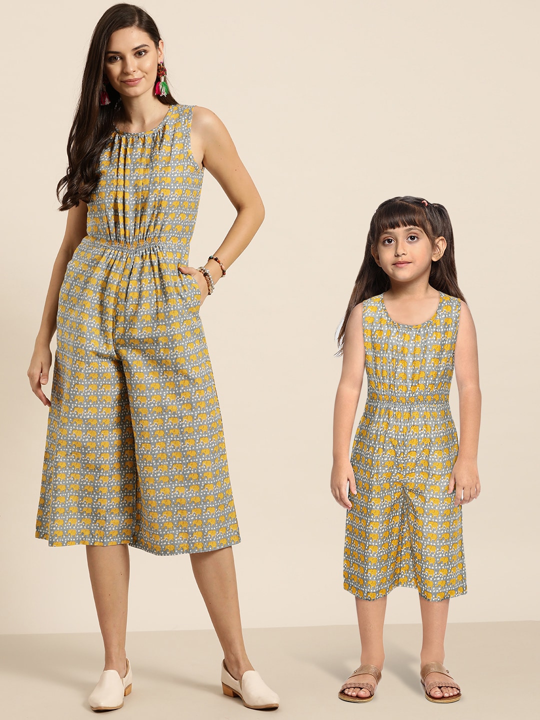 Sangria Girls Grey & Mustard Yellow Pure Cotton Ethnic Motif Print Culotte Jumpsuit