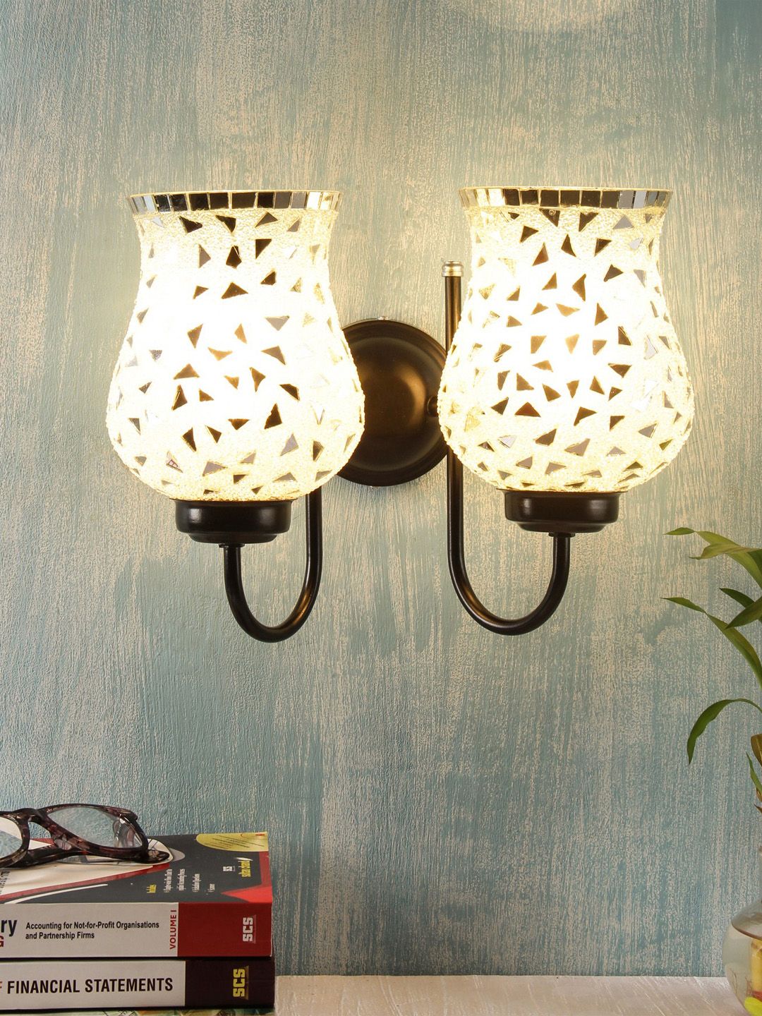 Devansh White & Silver Toned Self Designed Wallchiere Lamp-image-48