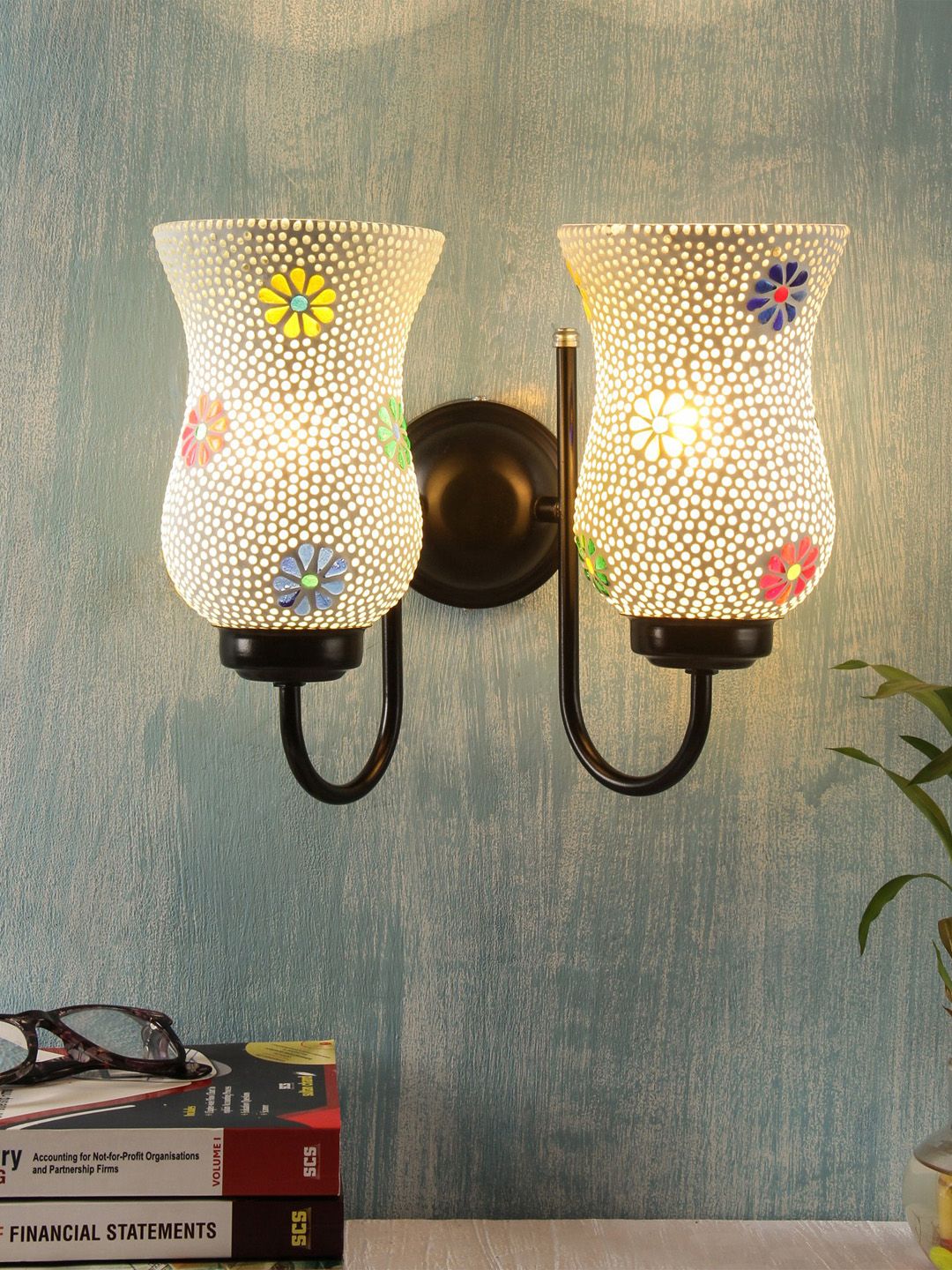 Devansh White & Blue Mosaic Pattern Glass Wallchiere Lamp-picture-27