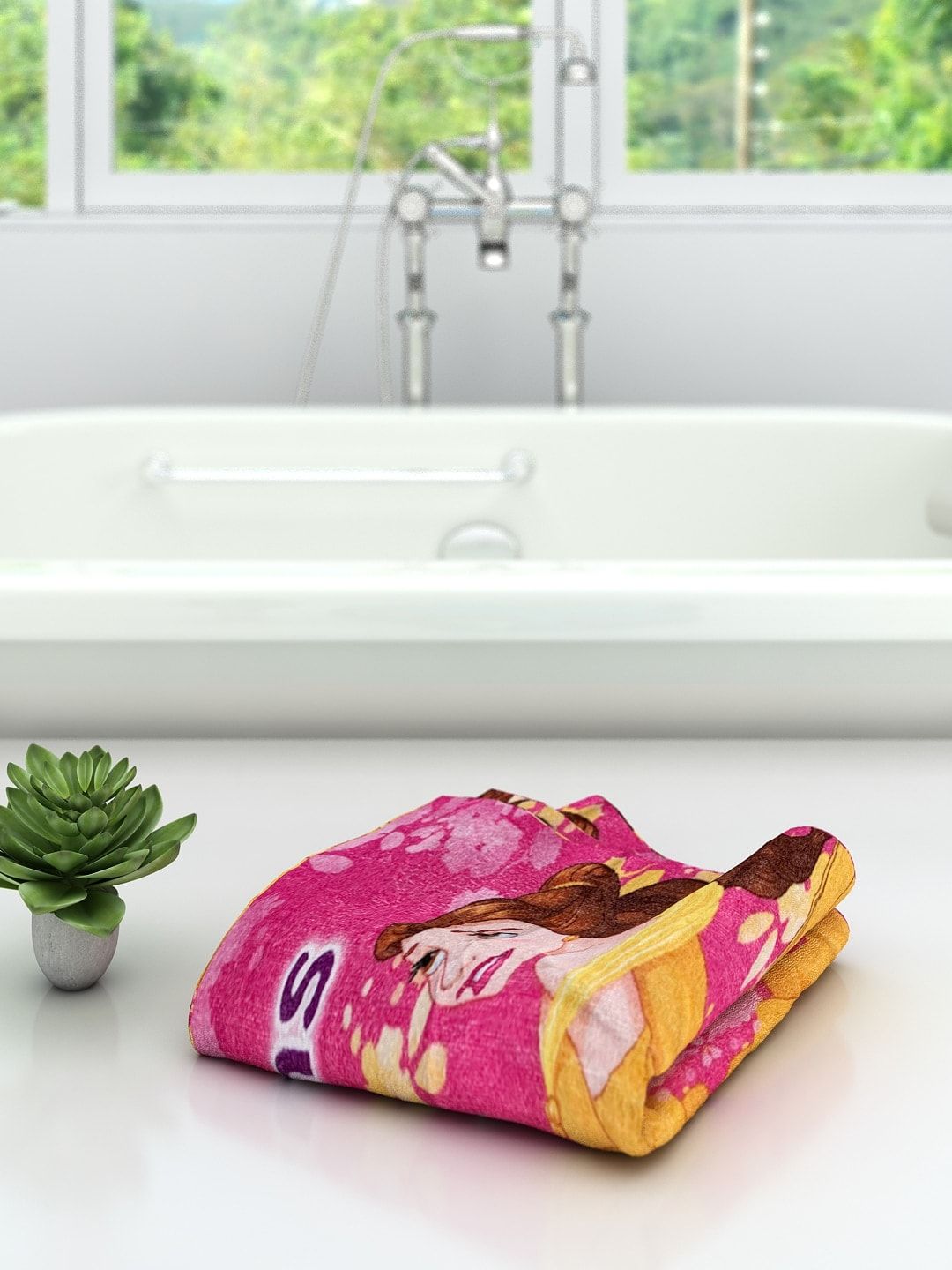 Disney Athom Trendz Unisex Kids Pink & Yellow Princess Printed 350 GSM Bath Towel-image-32