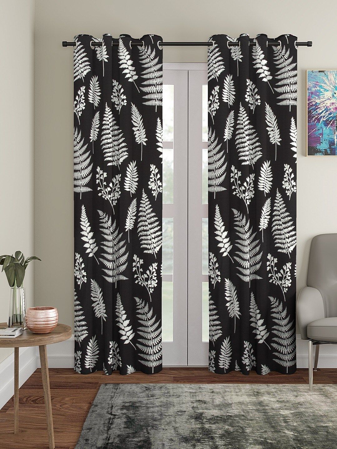 Cortina Set of 2 Black & Off-White Regular Curtains-image-24
