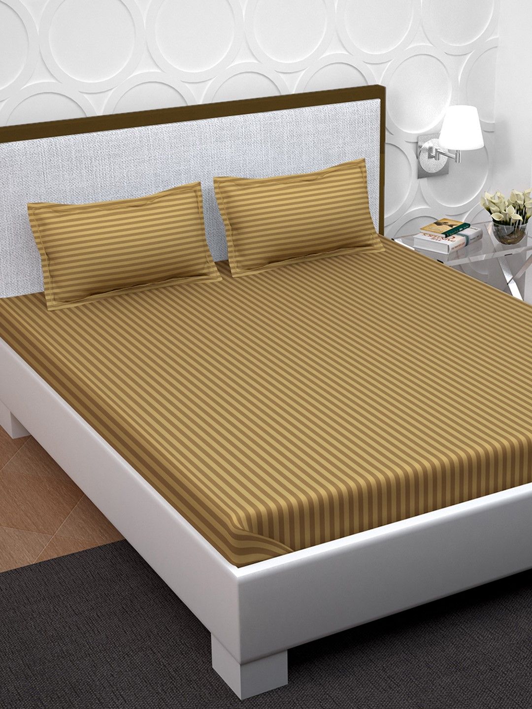PAVO Beige Striped 210 TC Cotton 1 King Bedsheet with 2 Pillow Covers-image-36