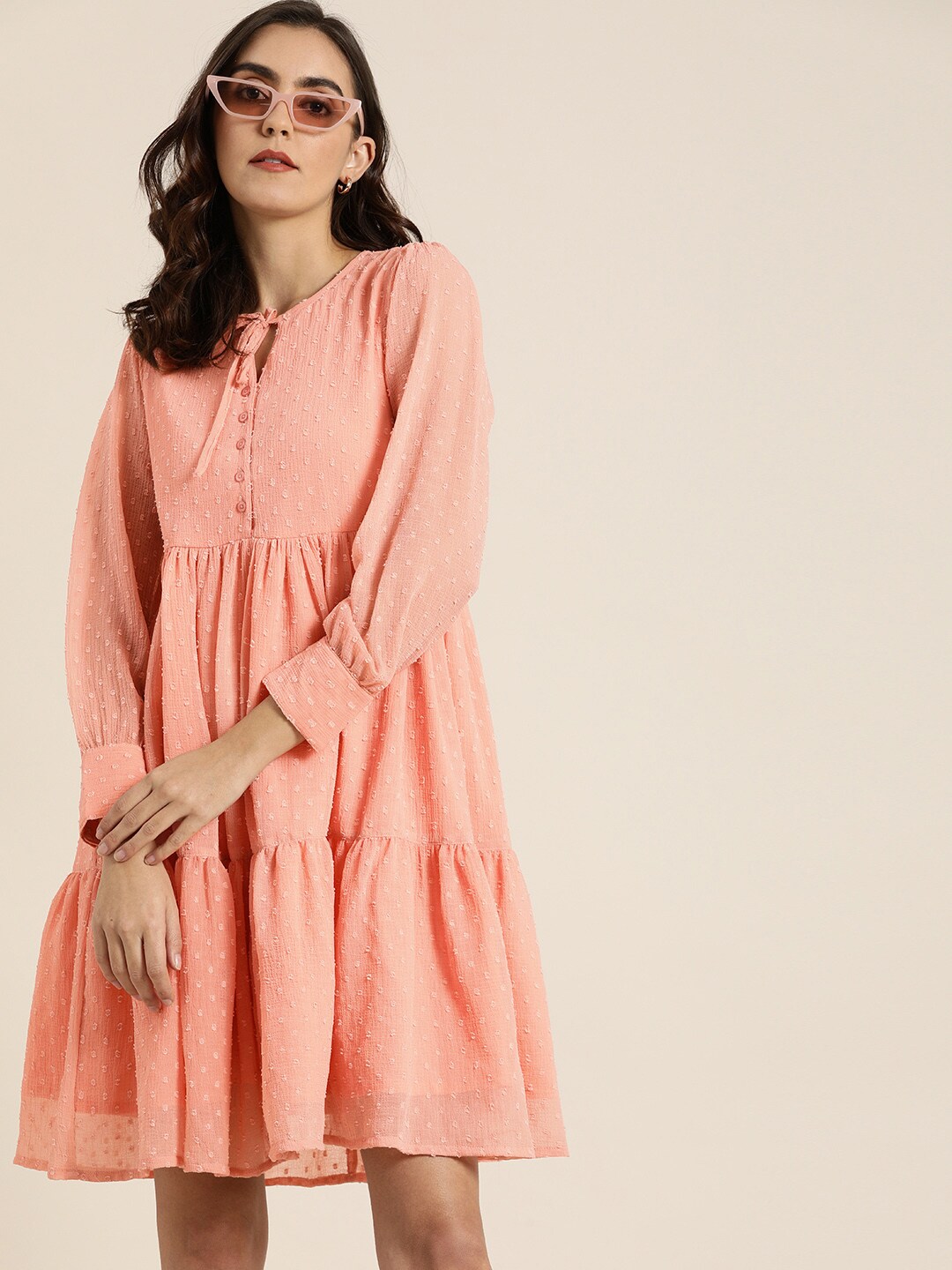 Moda Rapido Women Peach-Coloured Self Design Tiered A-Line Dress