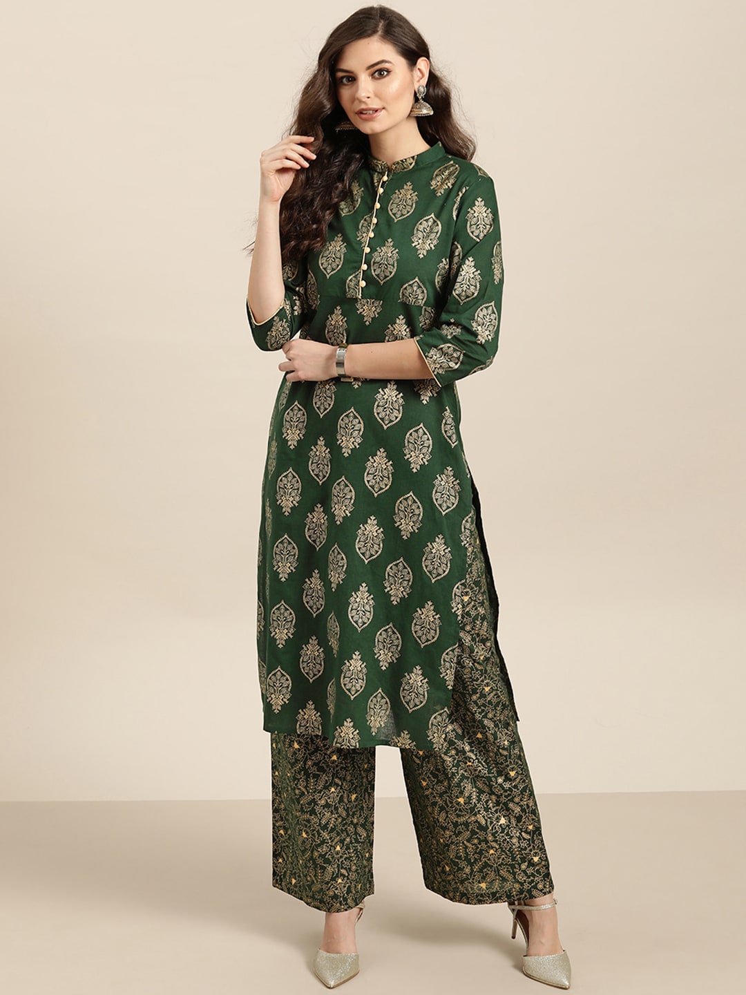 Sangria Women Green & Golden Pure Cotton Woven Design Kurta with Palazzos