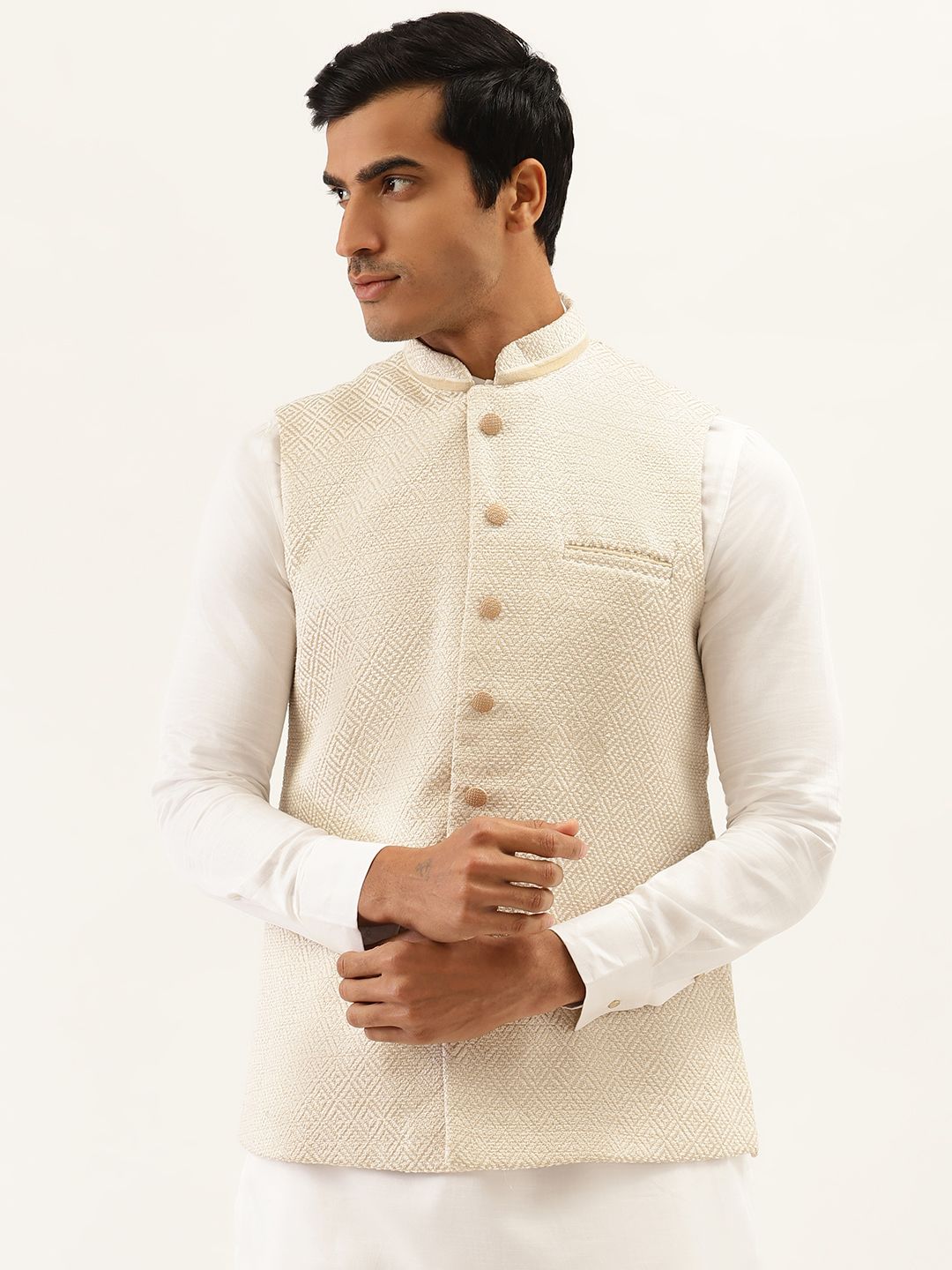 Manyavar Men Off-White & Cream-Coloured Woven Design Nehru Jacket-picture-32
