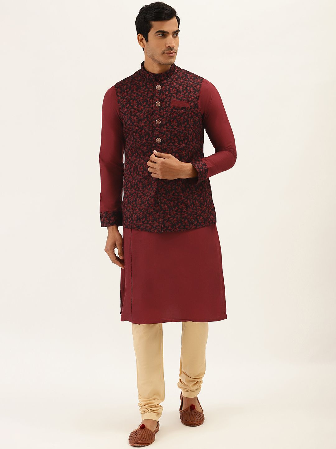 Men Maroon & Off-White Self Design Kurta with Churidar main image 0