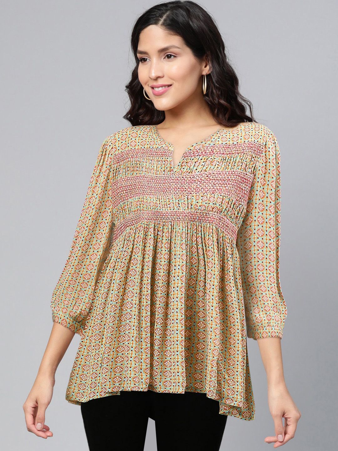 Global Desi Sustainable Green & Pink Printed Puff Sleeves Empire Top