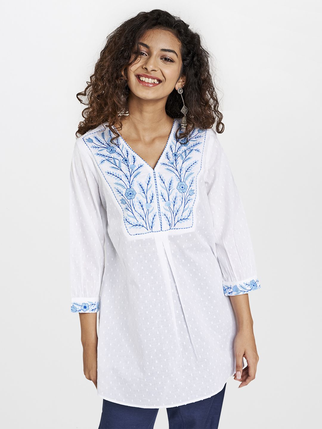 Global Desi Women White & Blue Pure Cotton Dobby Weave Embroidered Tunic