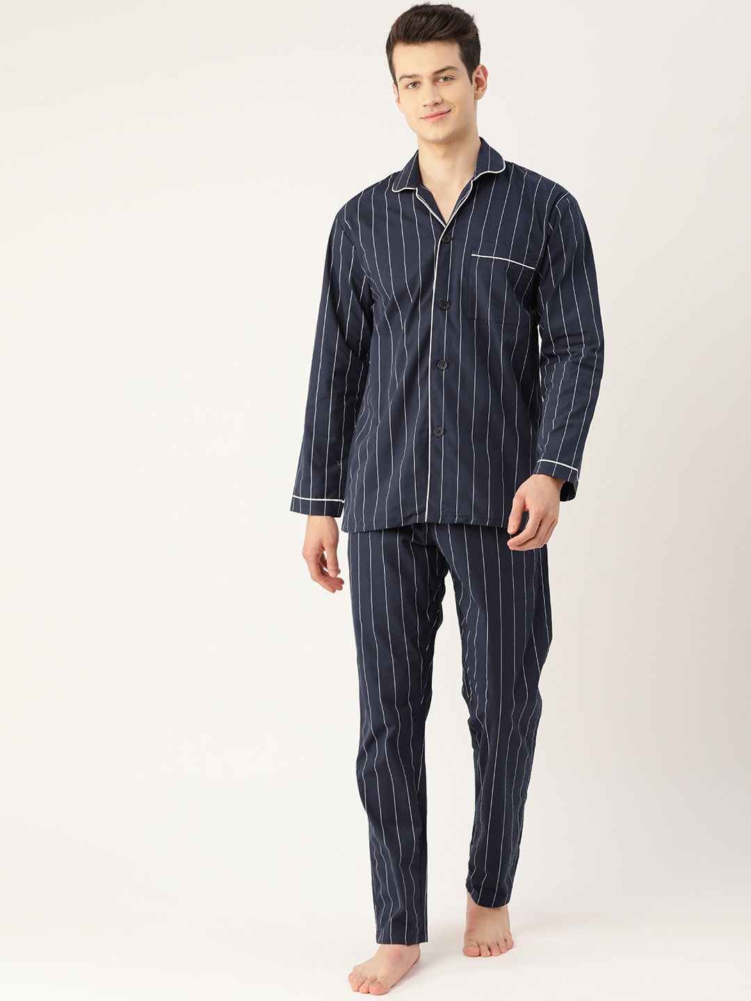 Hancock Men Navy Blue & White Pure Cotton Striped Nightsuit-picture-11