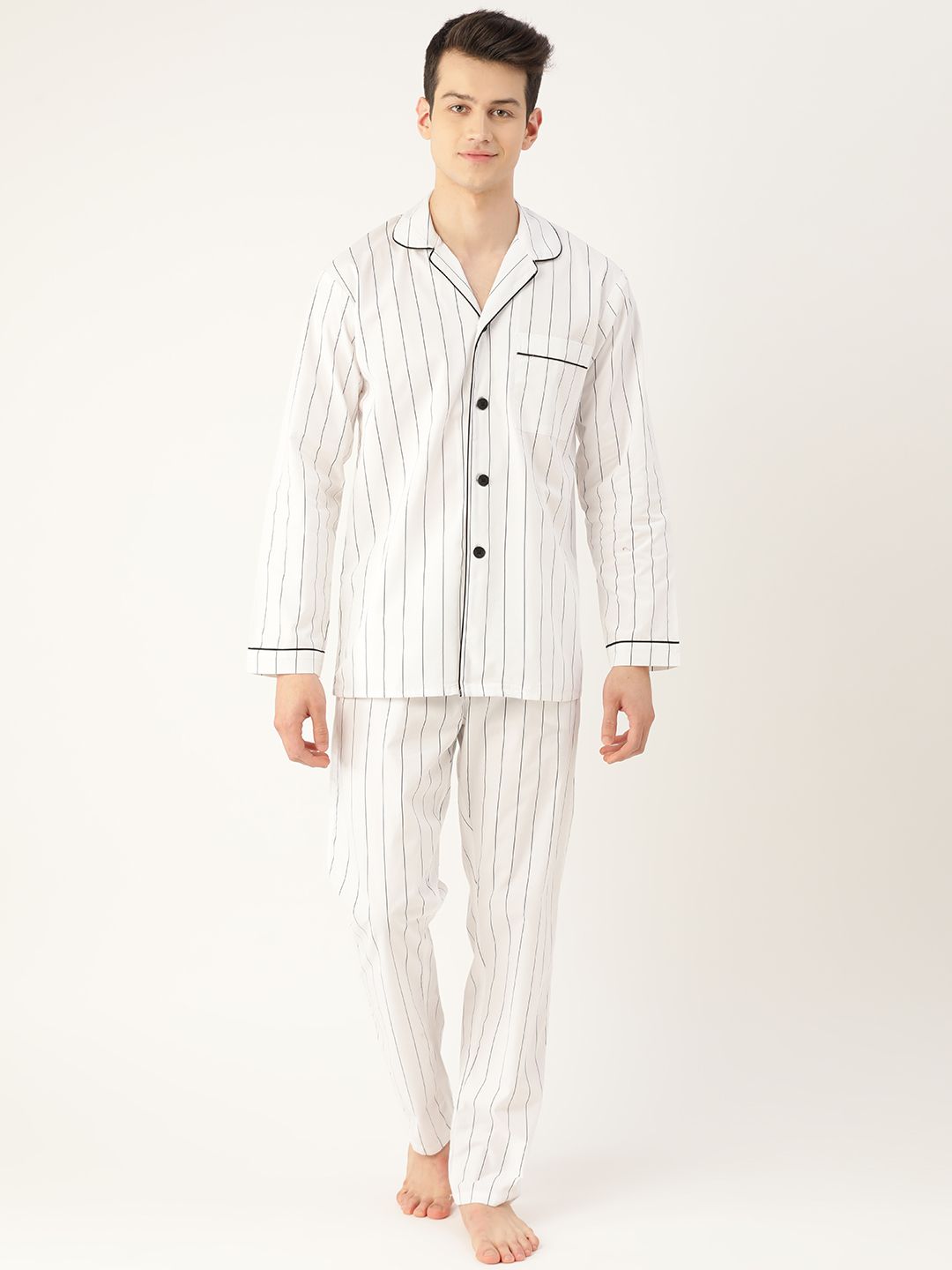 Hancock Men White & Black Pure Cotton Striped Nightsuit-picture-15