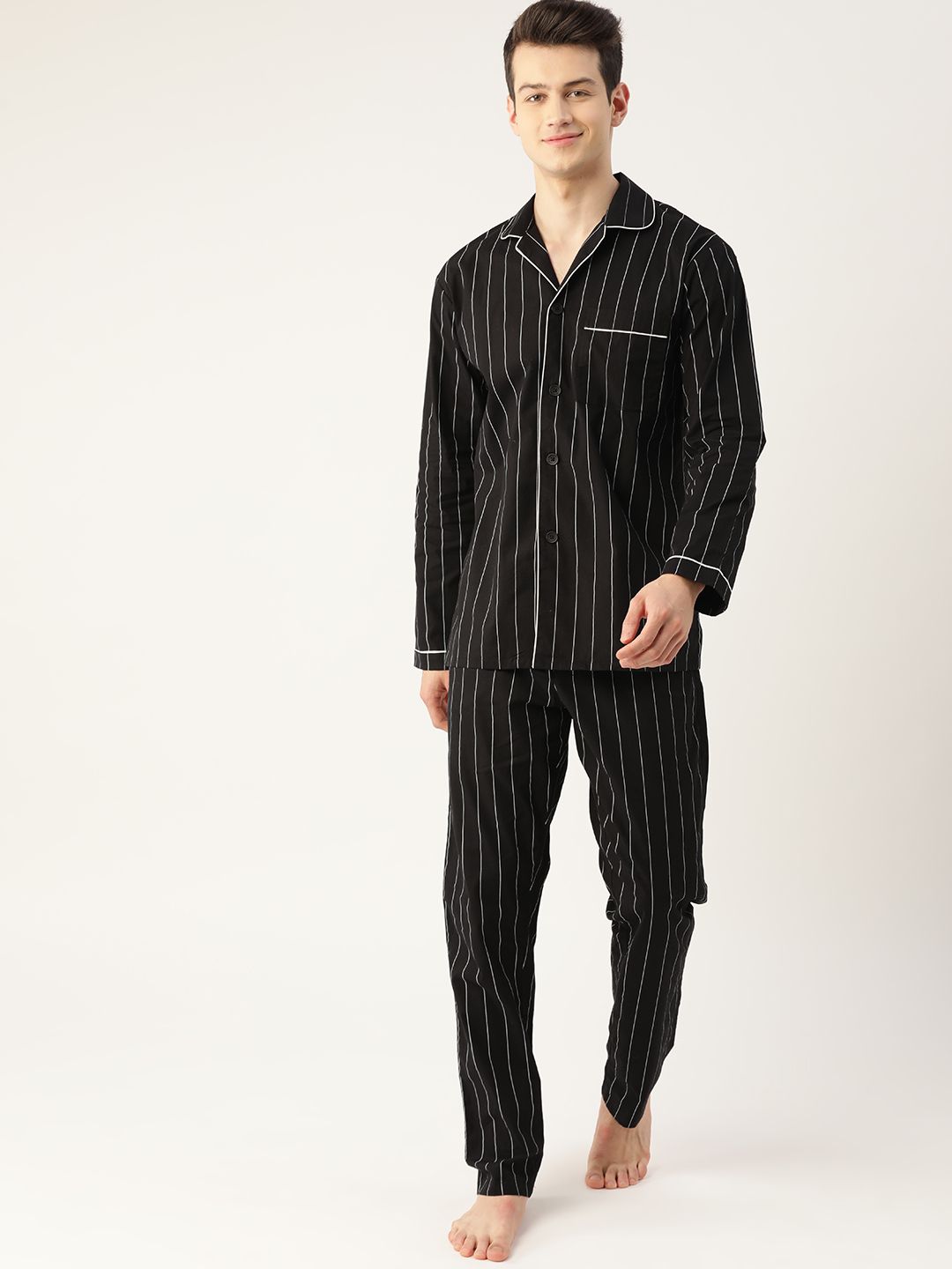 Hancock Men Black & White Pure Cotton Striped Nightsuit-picture-11