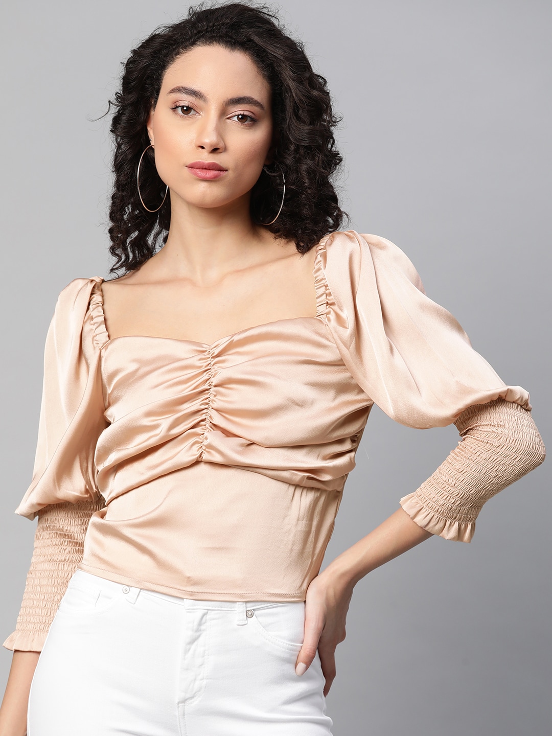 plusS Peach-Coloured Sweetheart Neck Satin Finish Puff Sleeved Empire Top
