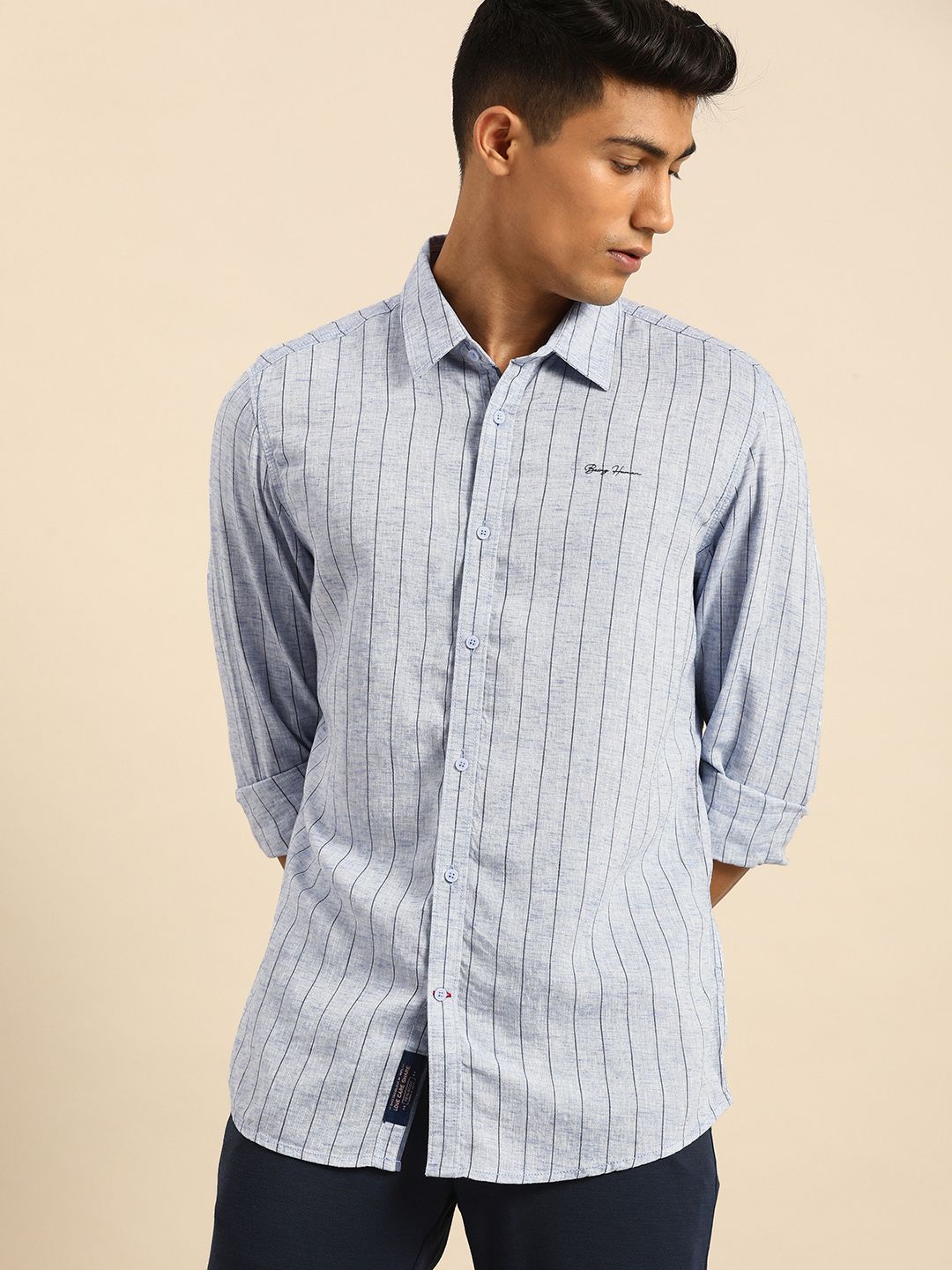 Being Human Clothing Men Blue Slim Fit Striped Casual Shirt