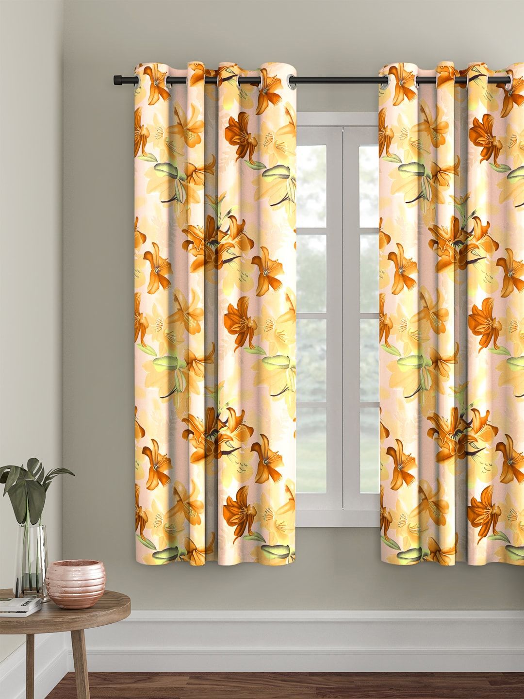 Cortina Yellow & Brown Floral Printed Polyester Single Window Curtain-image-23