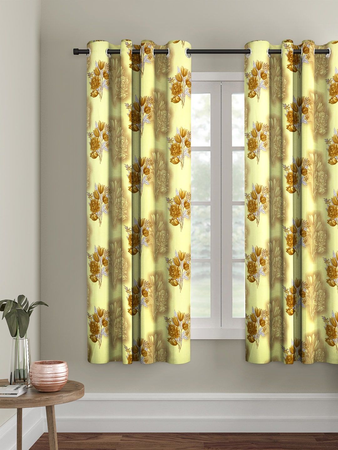 Cortina Yellow & Brown Floral Printed Polyester Single Window Curtain-image-18