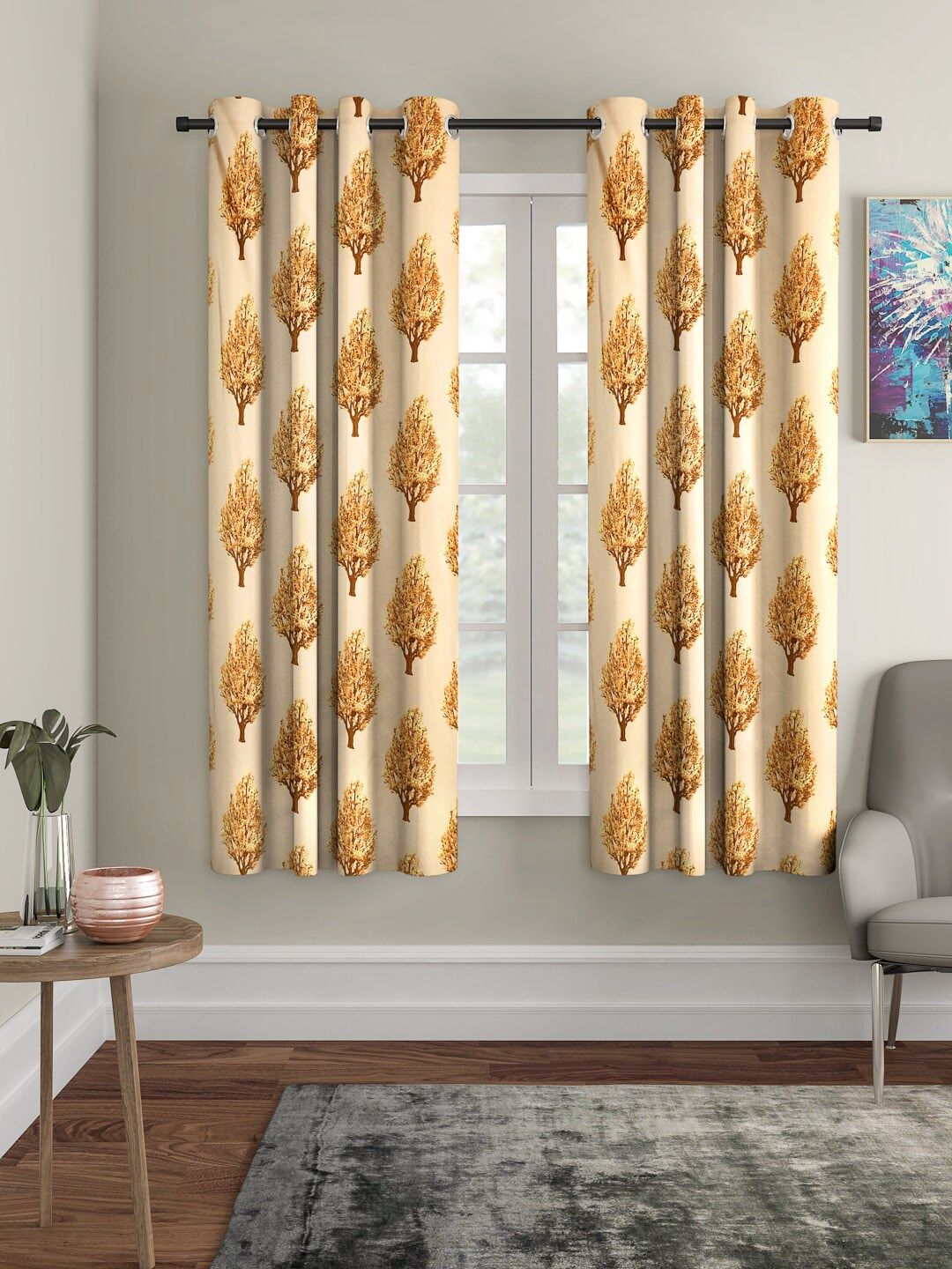 Cortina Set of 2 Yellow & Brown Floral Printed Polyester Window Curtains-image-31