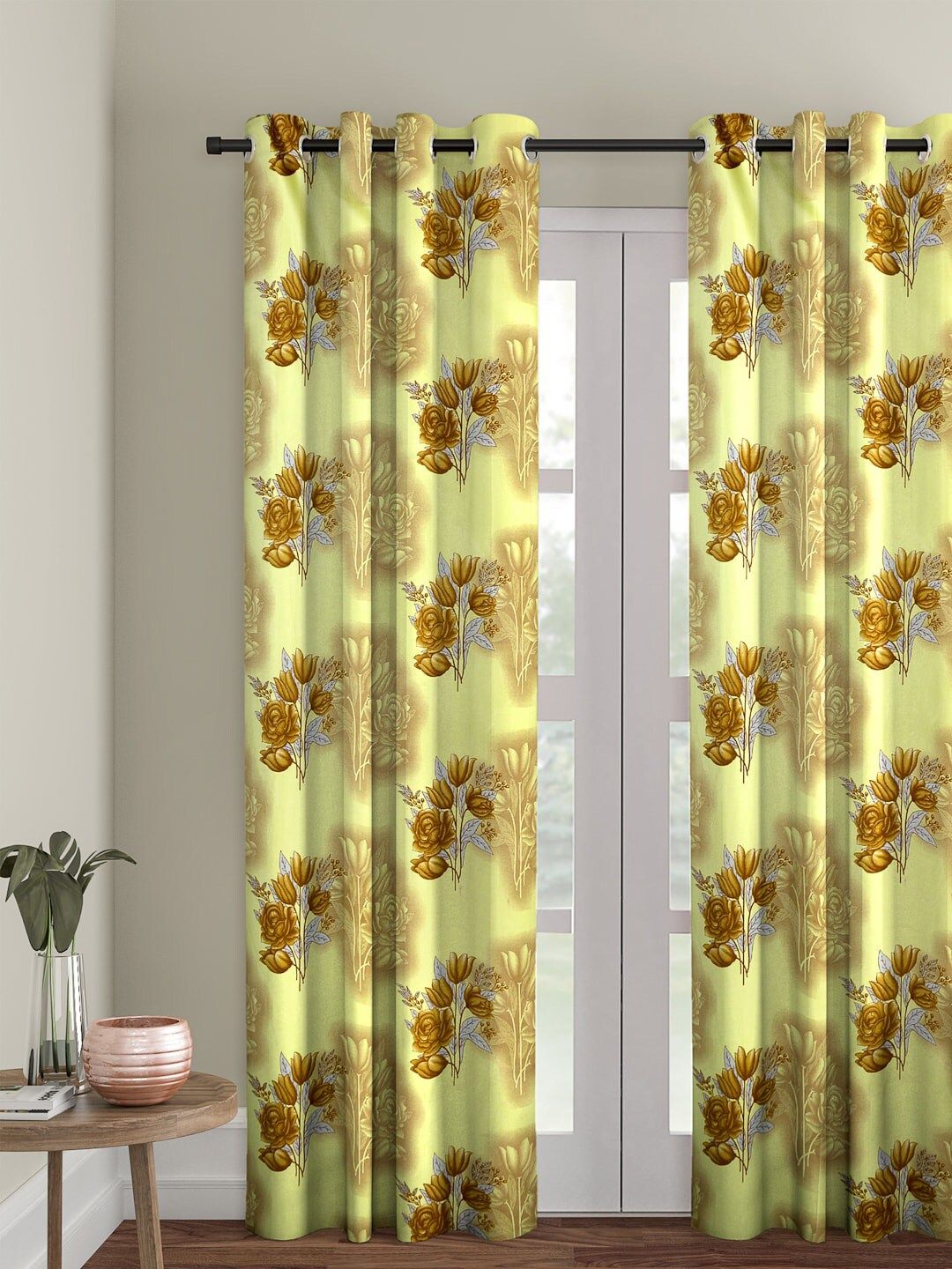 Cortina Yellow Single Floral Print Curtain-image-46