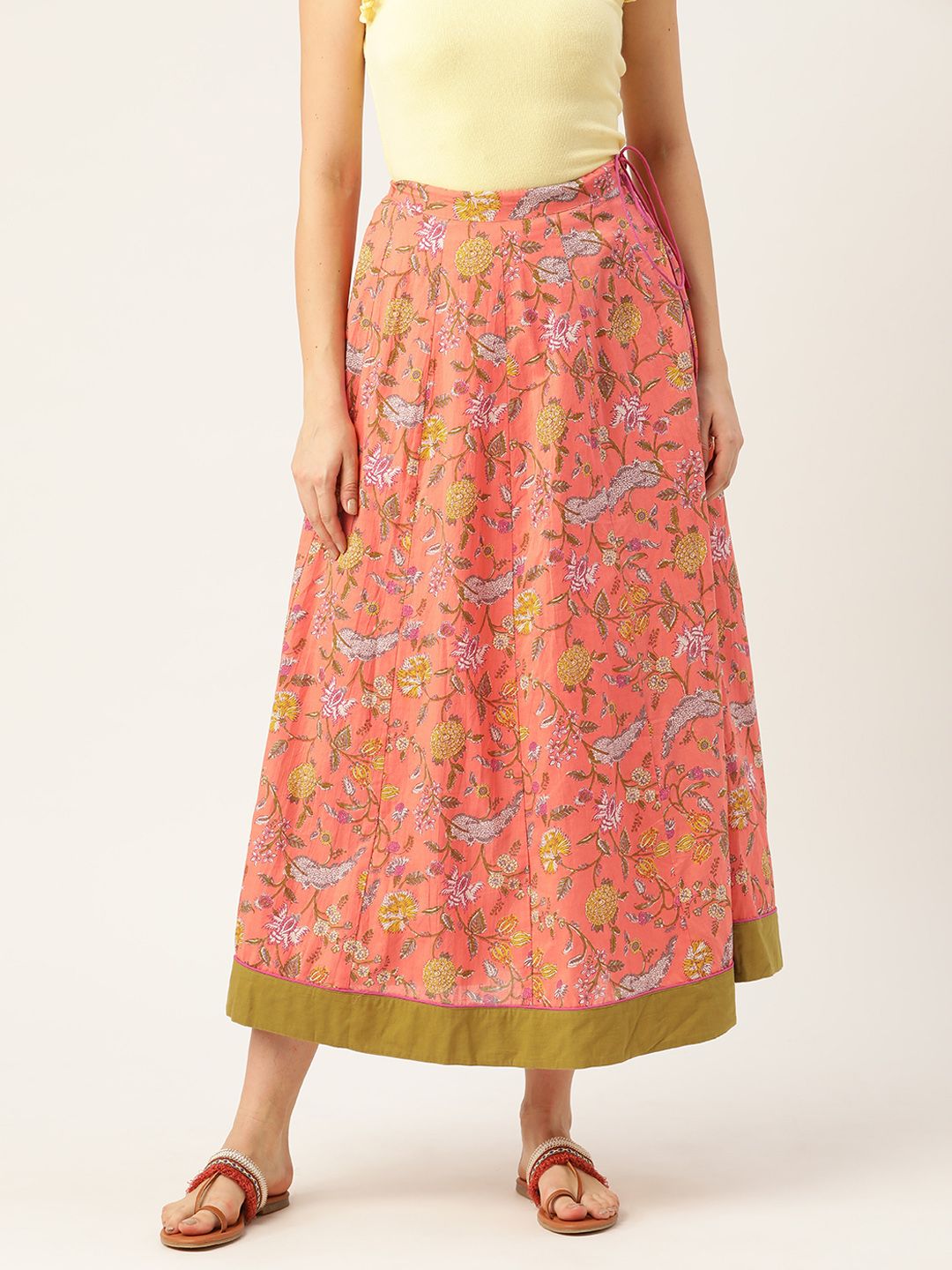 Shae by SASSAFRAS Women Peach Coloured & Green Pure Cotton Printed Maxi Flared Skirt-picture-50