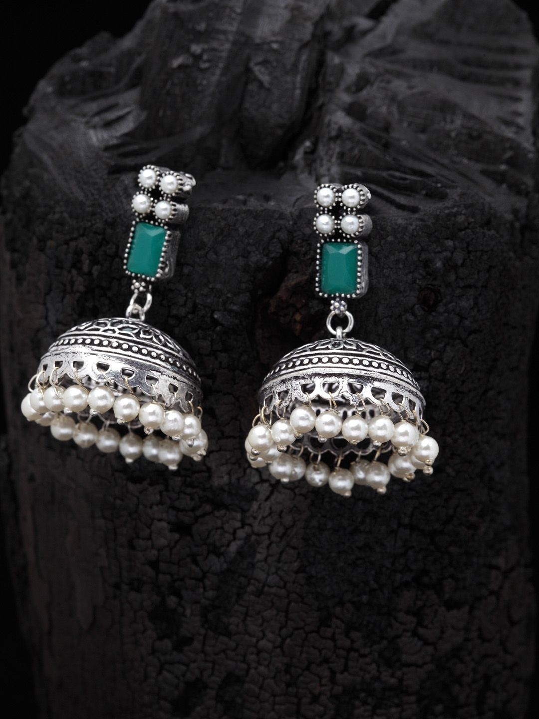 PANASH Silver-Plated & Green Oxidised Jhumkas-picture-18