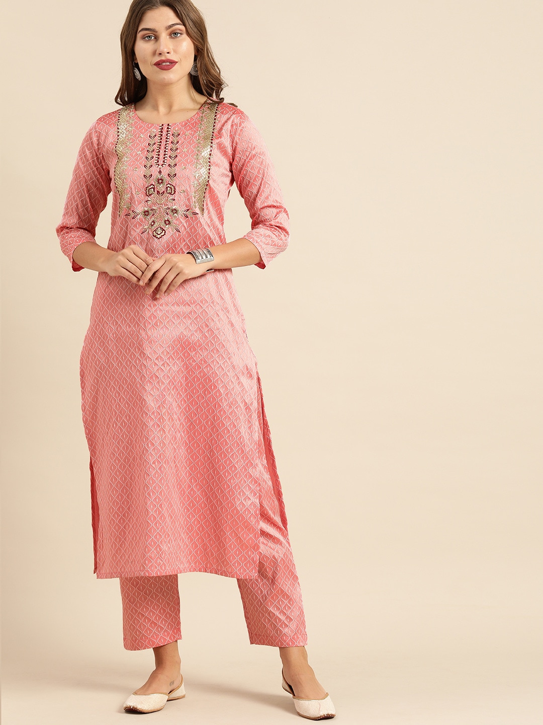Varanga Women Pink & Gold-Toned Embroidered Kurta with Trousers